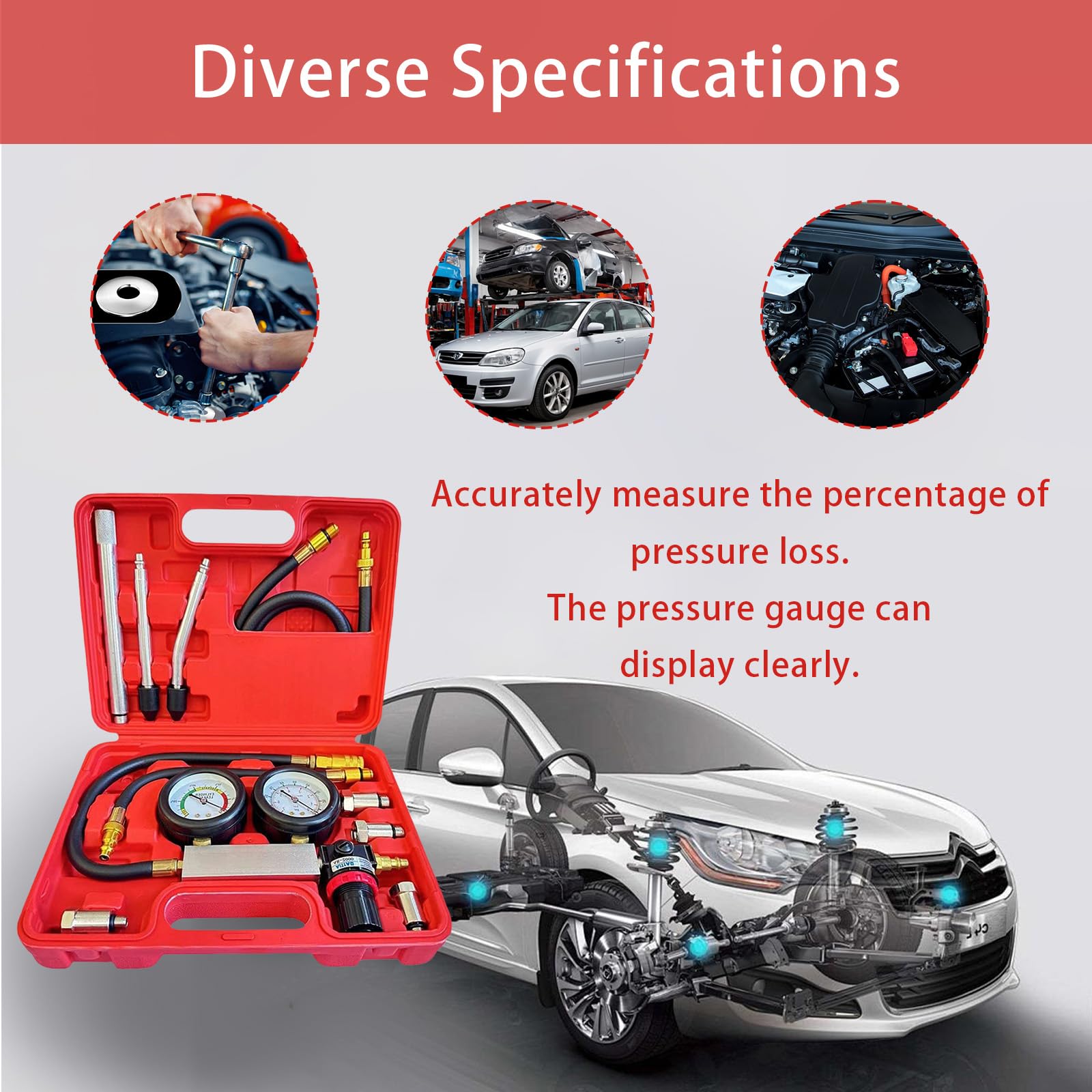 Tester Per Guarnizioni Testate, Tester Per Perdite Cilindri Auto con Doppio Manometro 0-100 PSI e 0-7 Bar e 4 Adattatori Strumenti Diagnostici di Pressione Per Un'ampia Gamma di Tipi di Veicoli