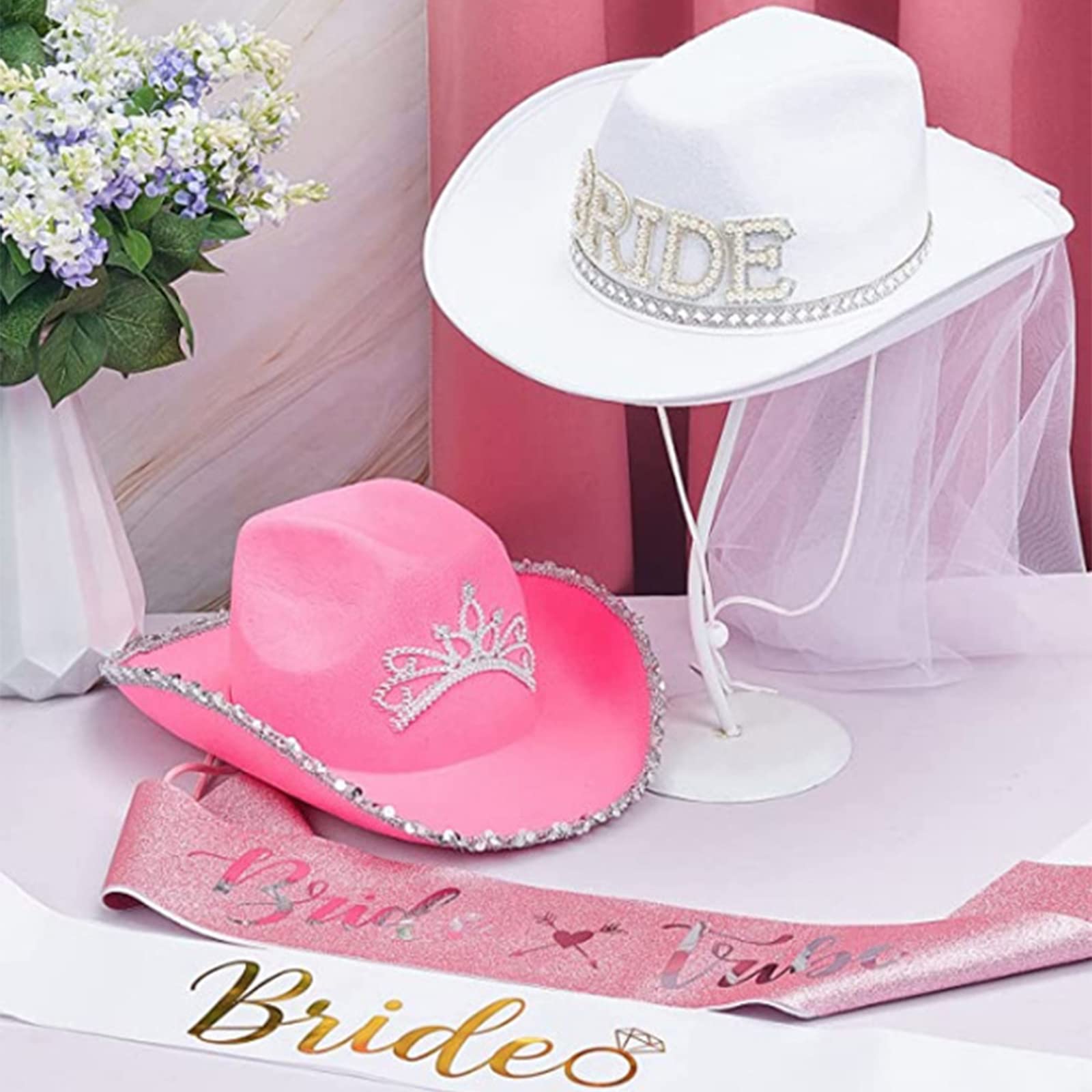 Cappello da cowboy da sposa con velo a tesa larga e cappello da cowgirl e fascia set di accessori per feste di nozze cappelli per addio al nubilato per feste nuziali