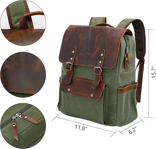 Miniatura 6 de Modoker Mochila de lona encerada, mochila de cuero para hombres y mujeres, mochila vintage de viaje para laptop de 15.6 pulgadas, mochila retro con