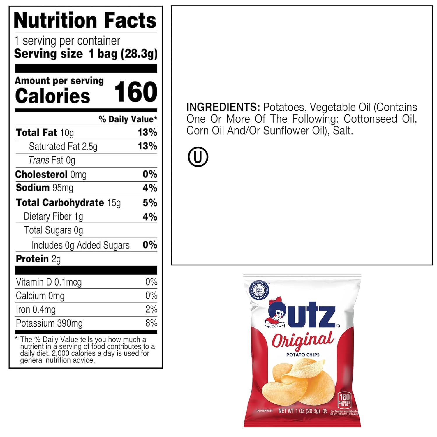 Utz Original 1 Oz Bags, 42 Count Crispy Potato Chips Made from Fresh Potatoes, Crunchy Individual Snacks to Go, Cholesterol Free, Trans-Fat Free, Gluten Free Snacks