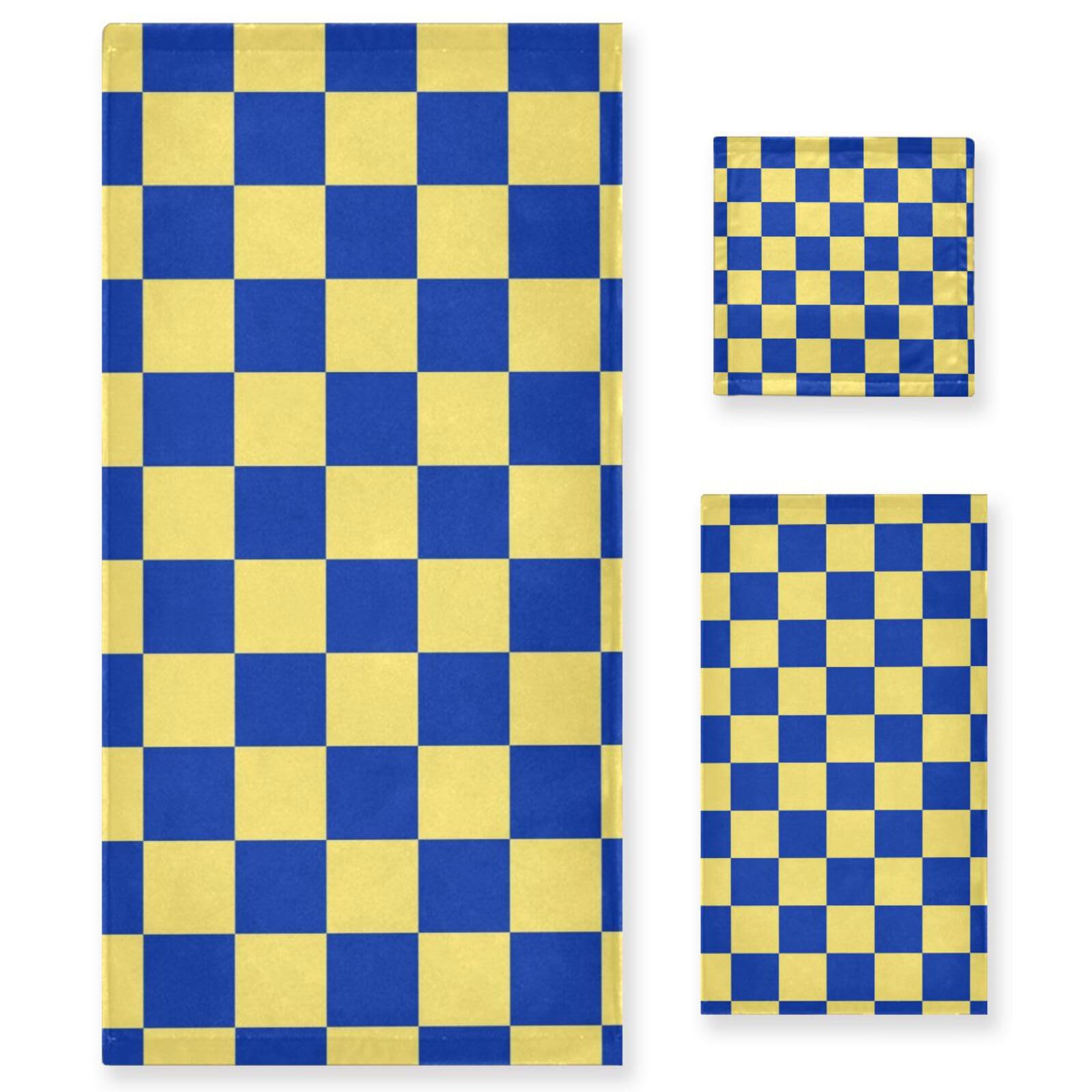 Set di 3 asciugamani per il viso in microfibra a quadri gialli e blu, 1 asciugamano da bagno, 1 asciugamano per le mani, 1 panno per la casa, cucina e famiglia