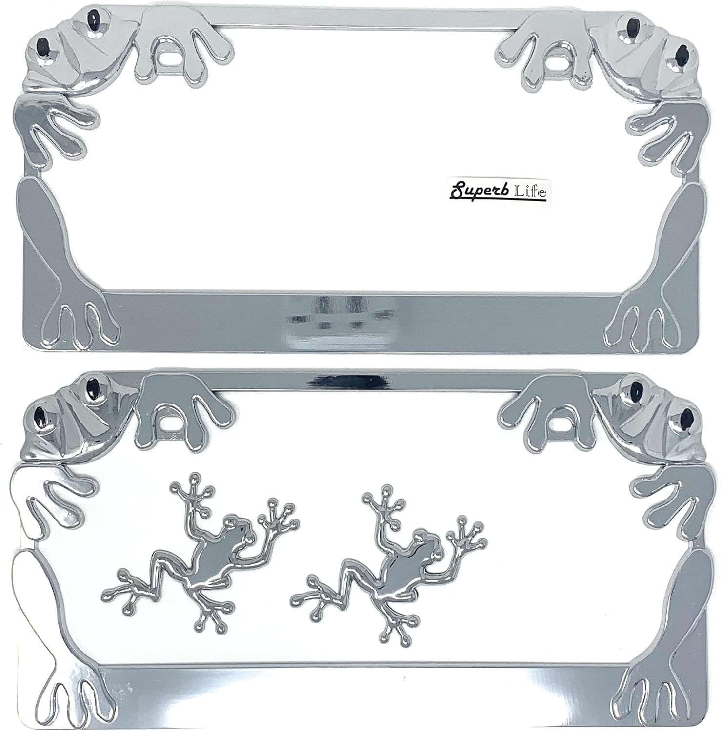 Chrome Frog License Plate Frame Set of 2 with 2pcs 3D Metal Car Frog Sticker Badge Emblem Sticker (Silver)