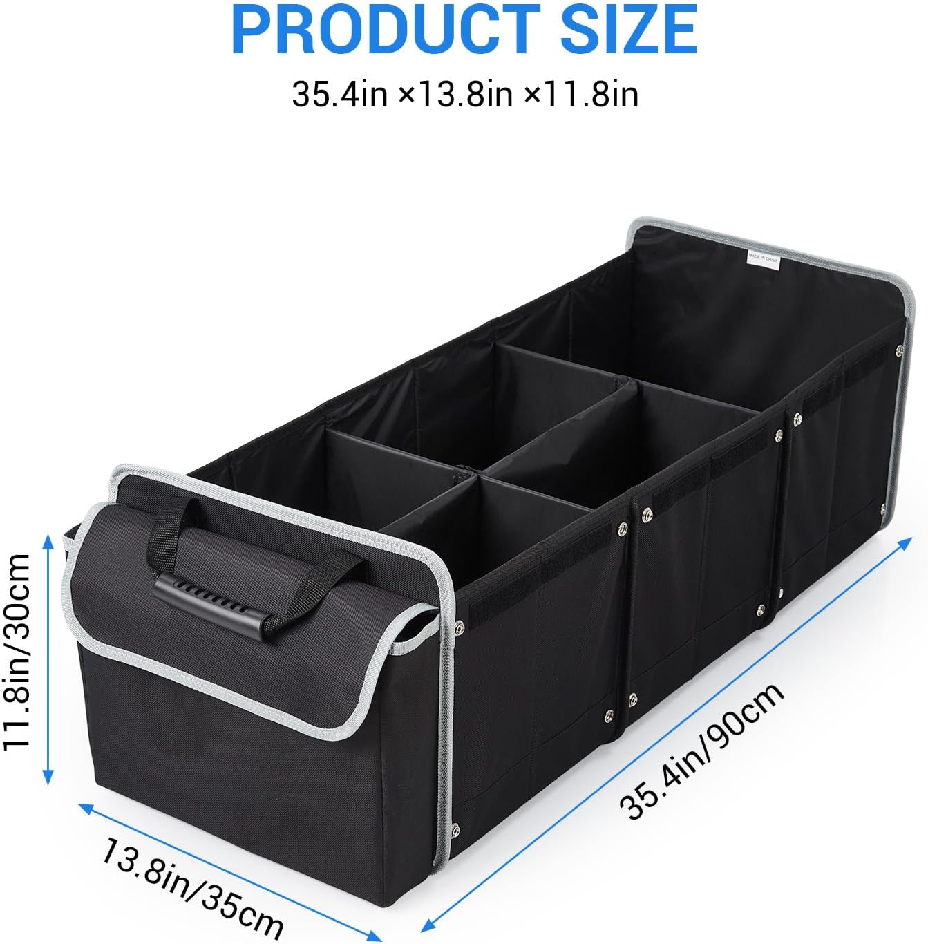 1PC Trunk Storage Bag with Ice Pack, Black 35.4x13.8x11.8 Inch (90x35x30cm), Oxford Cloth with Handle & Lid, Space-Saving, 3D Partition, Foldable, Waterproof, Removable, with Shoe/Wet Clothes Compartm