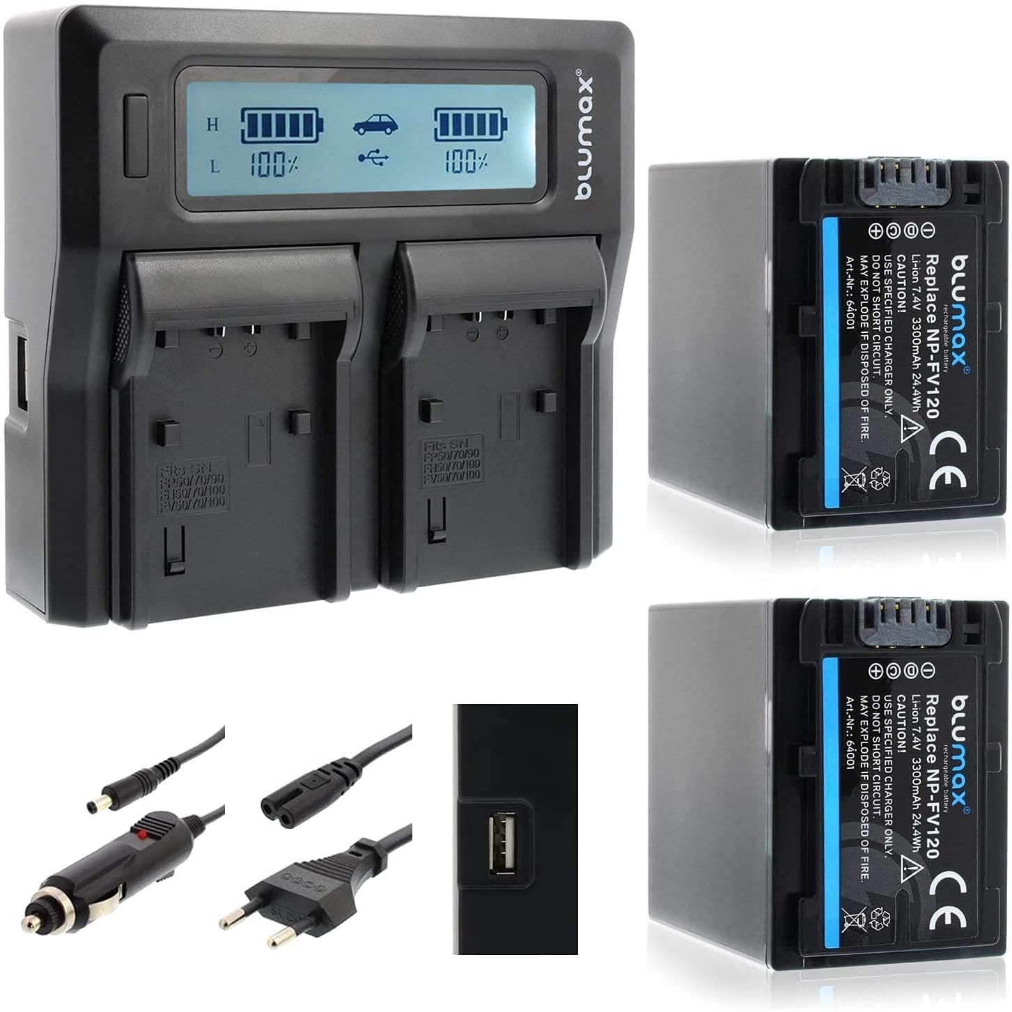 blumax - 2 Batteries Type Sony NP-FV120/FV100/FV70/FV50 à 3300 mAh - avec Chargeur Dual - Compatible avec Divers modèles de caméra Sony - pour Charger 2 Batteries simultanément