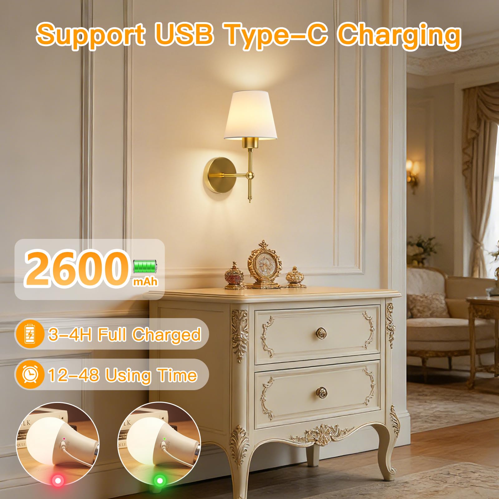 Applique da Parete Ricaricabili LED con Batteria, Oro Lampade da Parete per Camera da Letto, Applique da Parete Interno con a Distanza, 3 Colori Luminosità con 12 Colori RGB per Soggiorno Scale