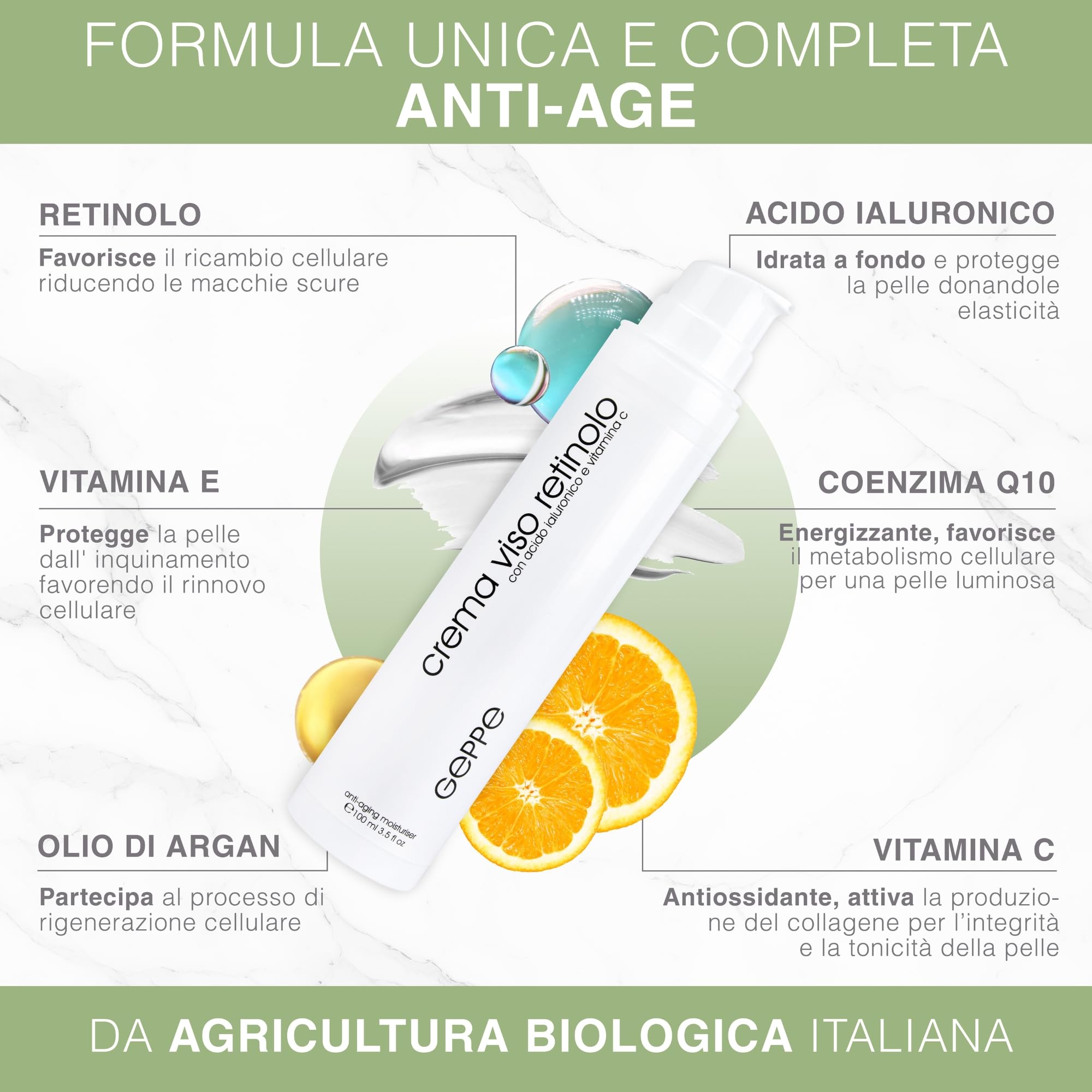 100ml. BIO Crema Retinolo Viso con Acido Ialuronico e Vitamina C - Crema Viso Antirughe Uomo e Donna Adatta come Crema Contorno Occhi - Crema Viso Idratante da Skincare Made in Italy