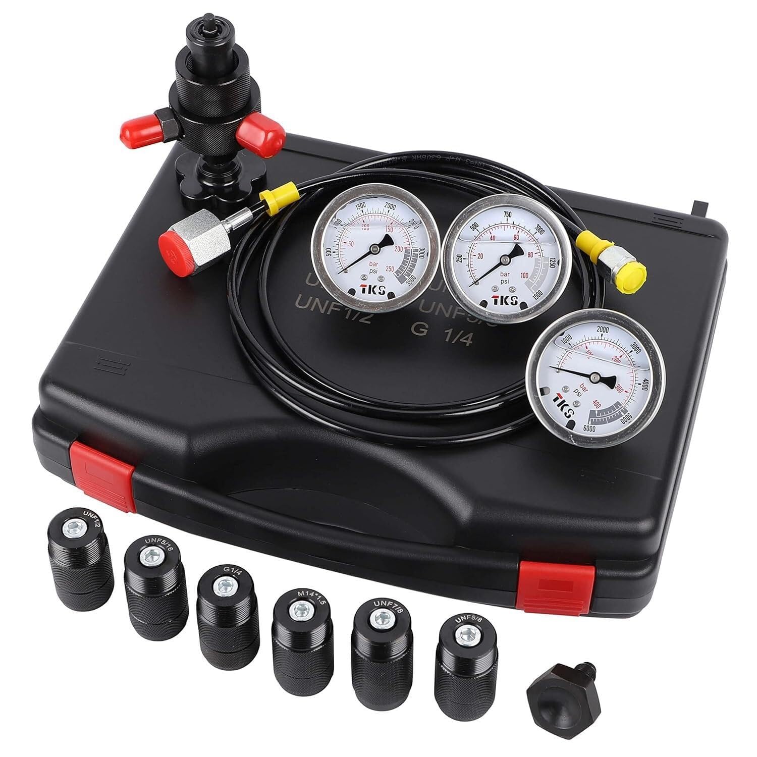 Kit de Carga de acumulador de nitrógeno hidráulico, Kit de llenado de nitrógeno, Sistema de Prueba de presión, Herramientas de Carga de Gas con 7 s, 3 manómetros, 1 Manguera de Gas