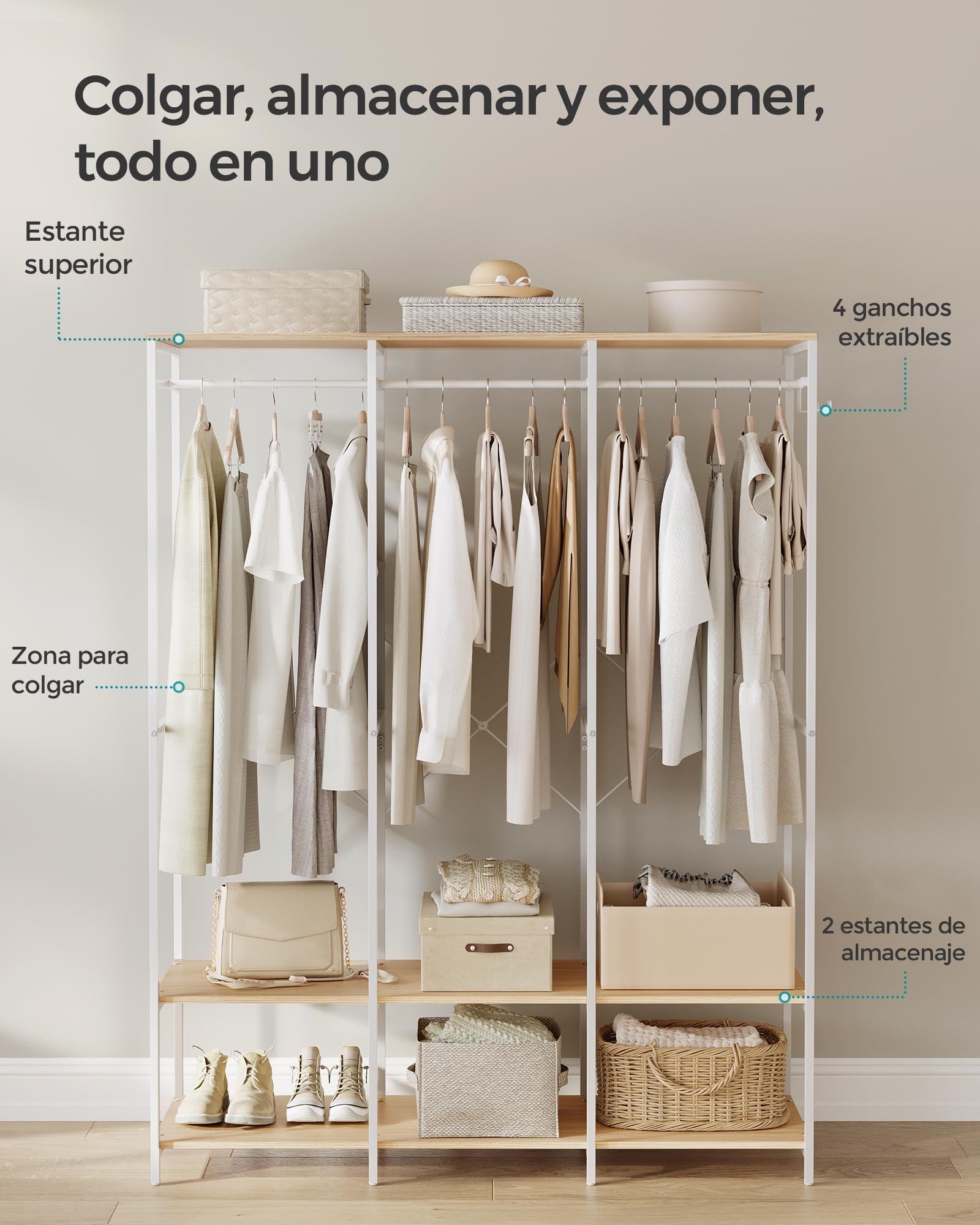 SONGMICS Armario de Ropa Portátil, Armario Plegable, Perchero, Organizador Armario, con Barras de Colgar, Estantes de Almacenamiento, Ganchos Extraíbles, 40 x 141 x 180 cm, Beige Natural RGR005W67