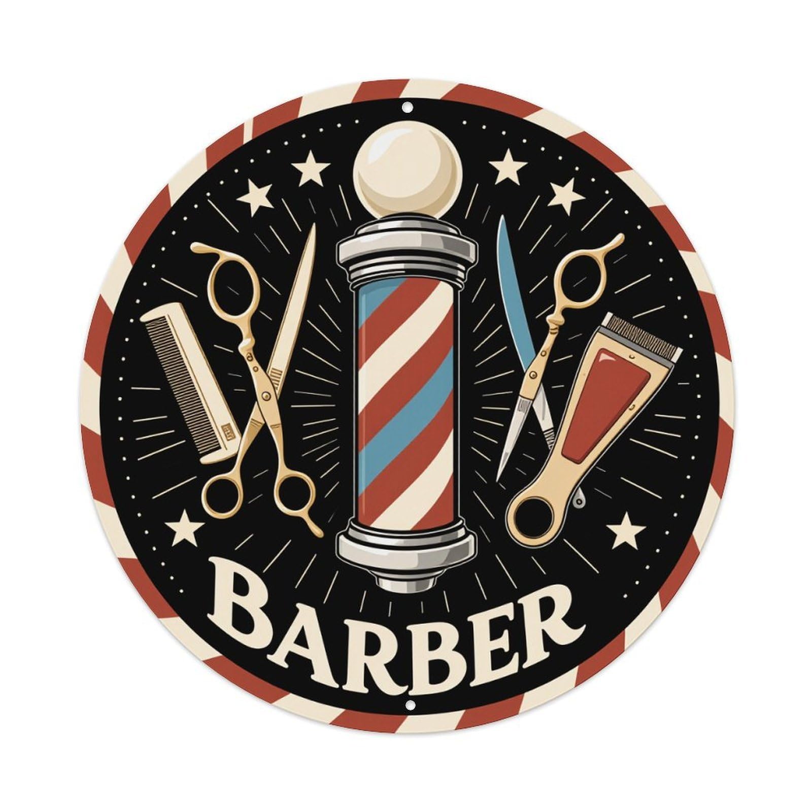 Jdfenggu Vintage Barber Pole Scissors Comb Razor Stars Retro Metal Tin Sign, Metal Poster For Bar, Home, Man Cave, Kitchen, Laundry Room Art Decor 8X8 Inch
