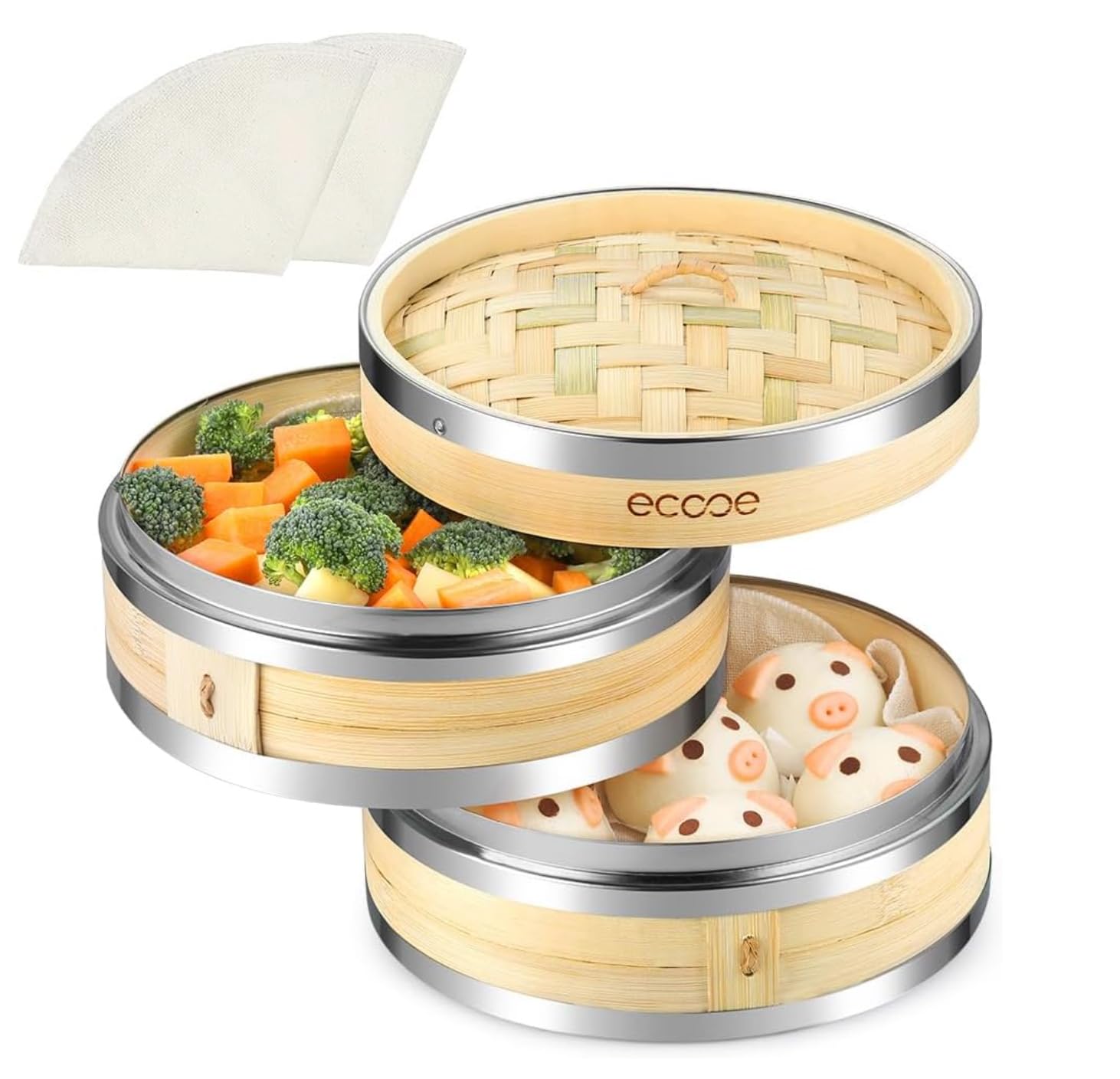 Amazon | ecooe せいろ蒸し器 本体 2 個・蓋 1 個 布 2枚 せいろ 強化