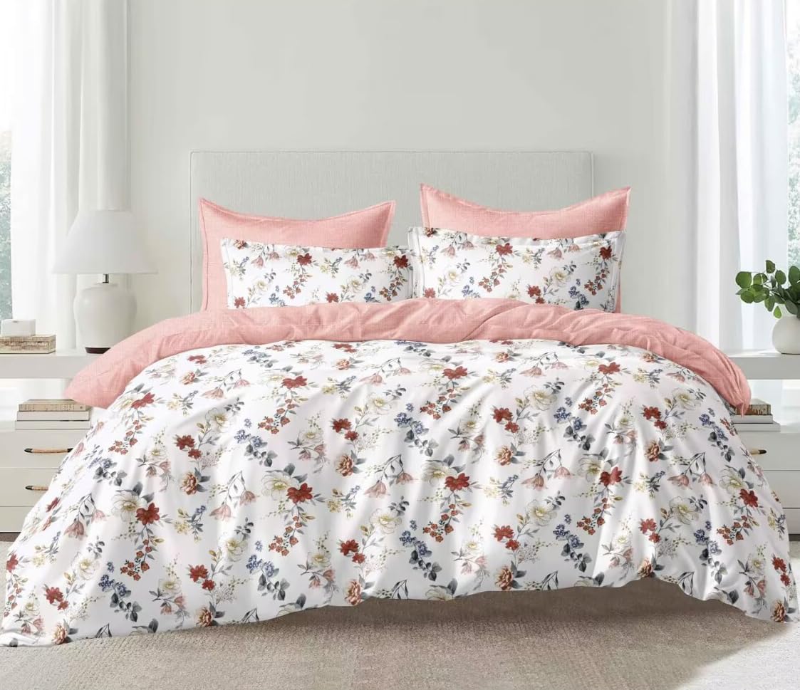 M-V-O 3D Floral Bedding Cover Set Double Size, Soft Microfibre Bedding with Pillowcases, Easy Care Reversible Quilt Cover Set, Fleur Flower Print