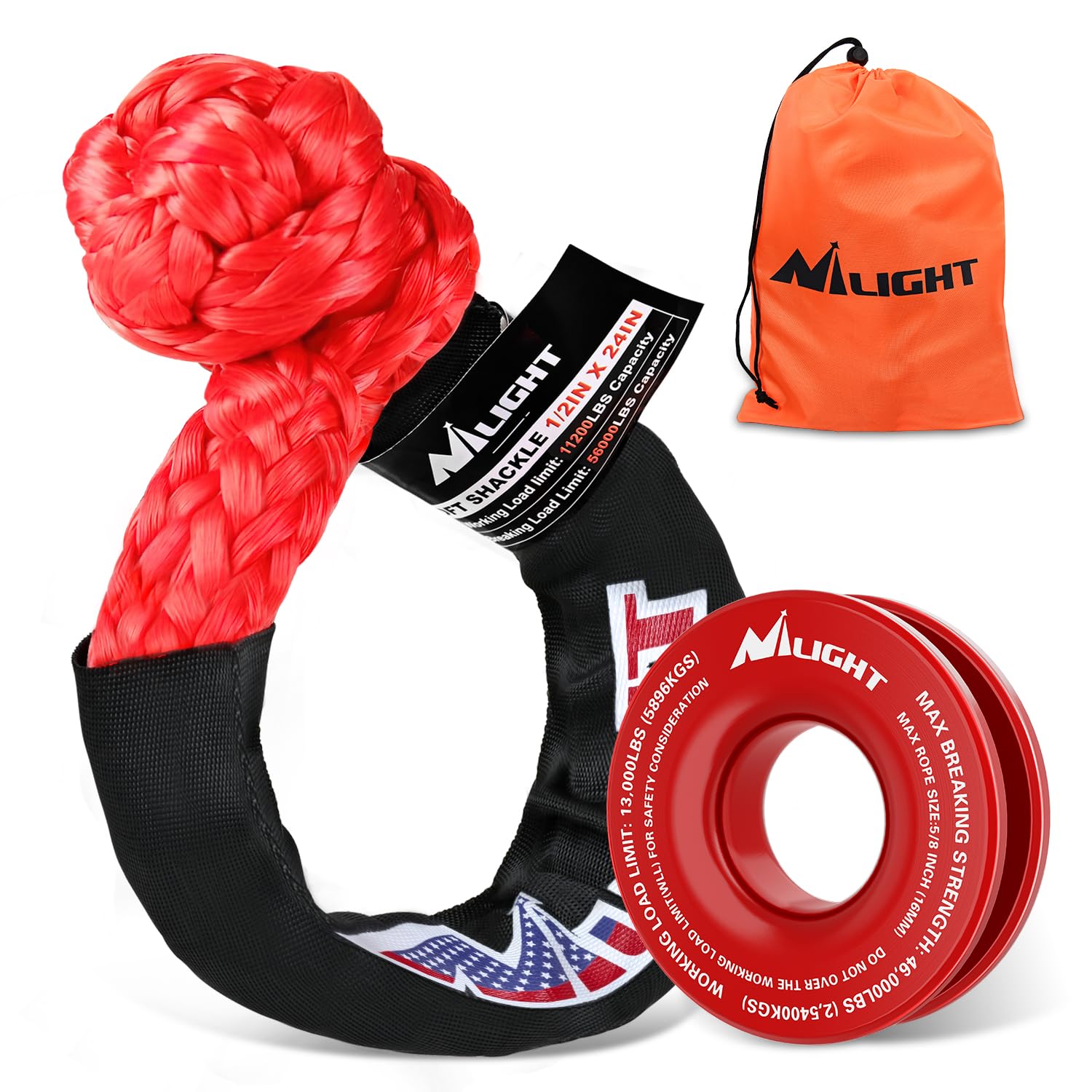 Nilight Synthetic Soft Shackle 1/2" x 24" &amp; Recovery Ring Kit