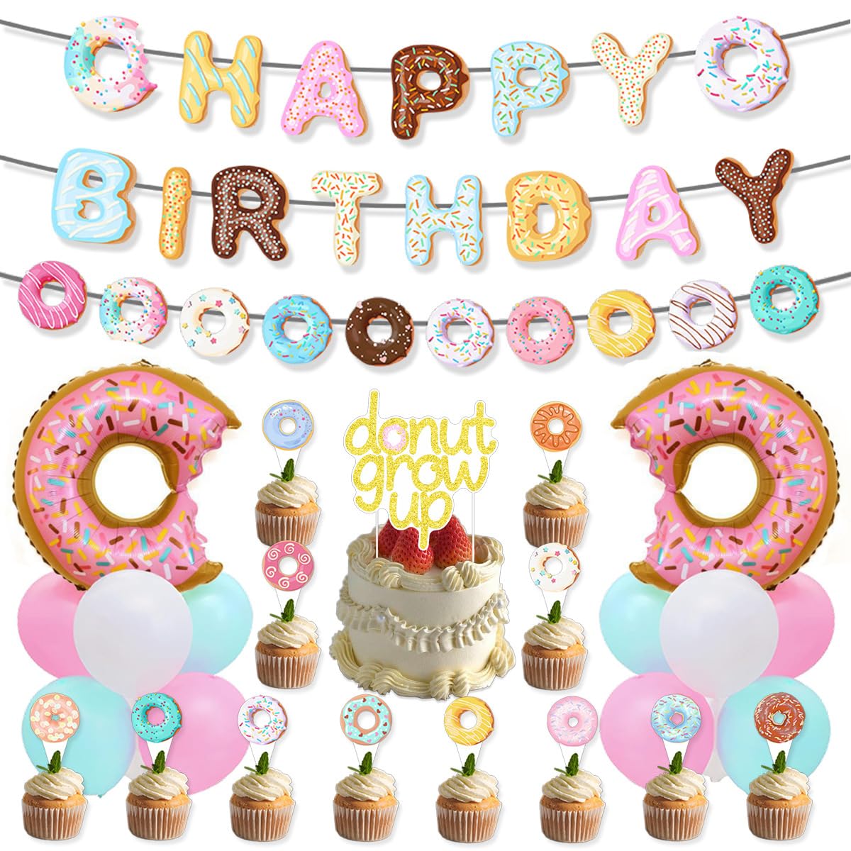 Fuwraixis doughnut Balloon Decoration, 29 pieces Macaron birthday Party Deco, Dessert Theme Party Supplies Set, Includes birthday banners, Garland, cake toppers and balloons