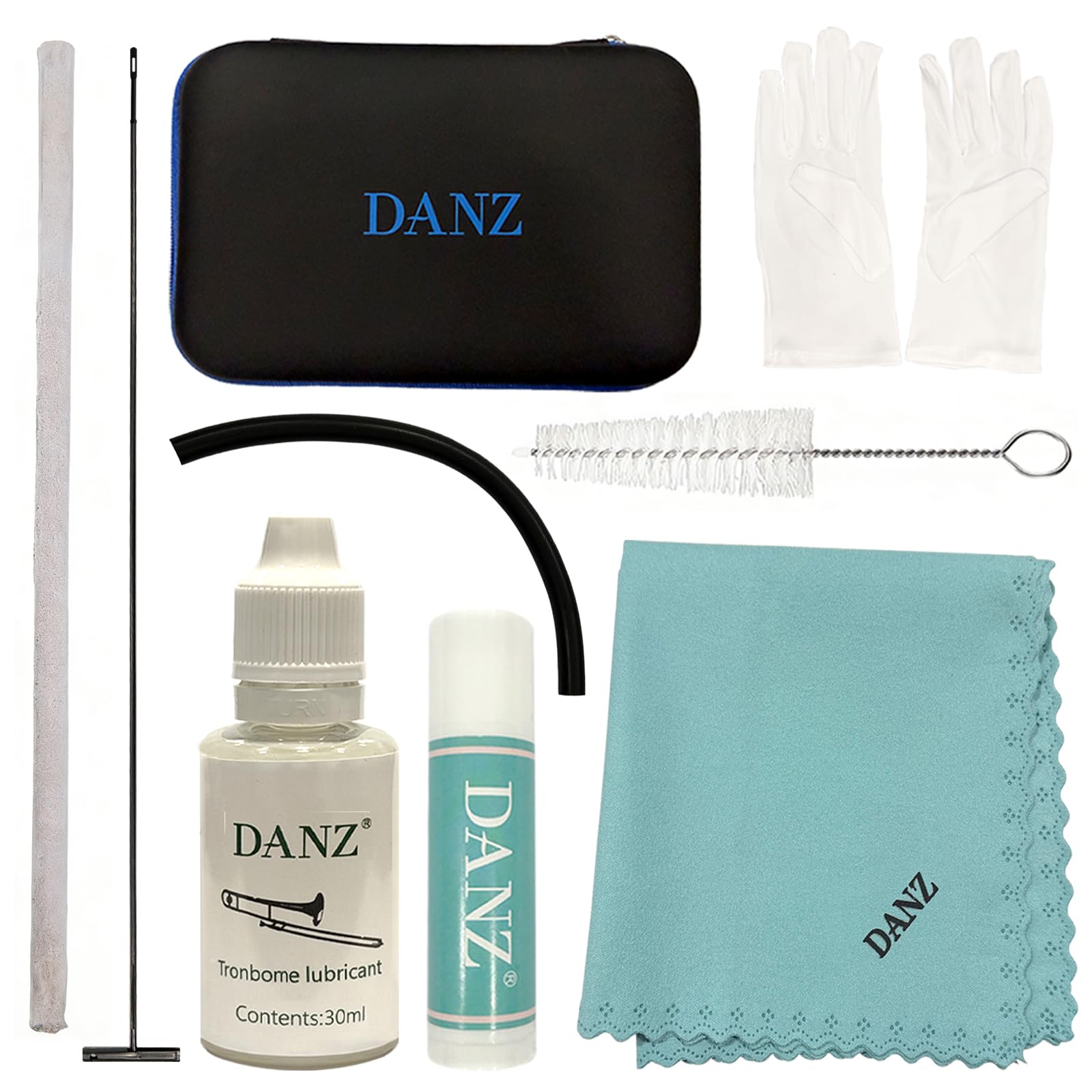 DANZ Kit de limpieza de trombón: aceite deslizante, grasa de corcho, paño de limpieza, cepillo de boquilla, un juego completo de cepillos de limpieza de cámara interior flexibles, guantes de