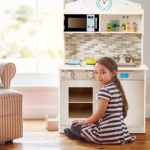 Miniatura 2 de GLACER Juego de cocina para niños, juego de cocina de madera con fregadero extraíble, accesorios de alimentos y utensilios de cocina, estante de