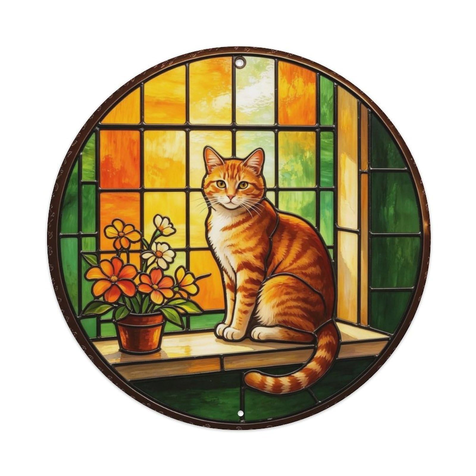 Orange Tabby Cat Stained Glass Metal Tin Sign Plaque