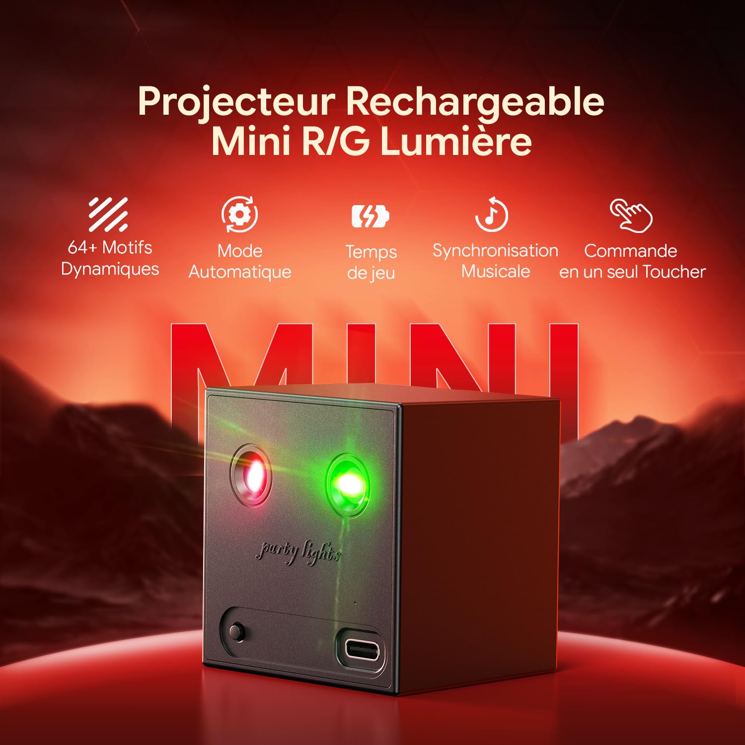 2PCS Mini Lampe de Scène Batterie, R/G Lumière Disco avec 64 Effets Lumineux Dynamiques et Son Activé, Rechargeable par Type-C, Jeux de Lumiere pour Soirées Anniversaire Noël Mariage
