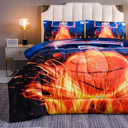 Miniatura 3 de Btargot Juego de edredón de baloncesto para niños y adolescentes, impresión de juegos de deportes de pelota, ropa de cama de aro de baloncesto para