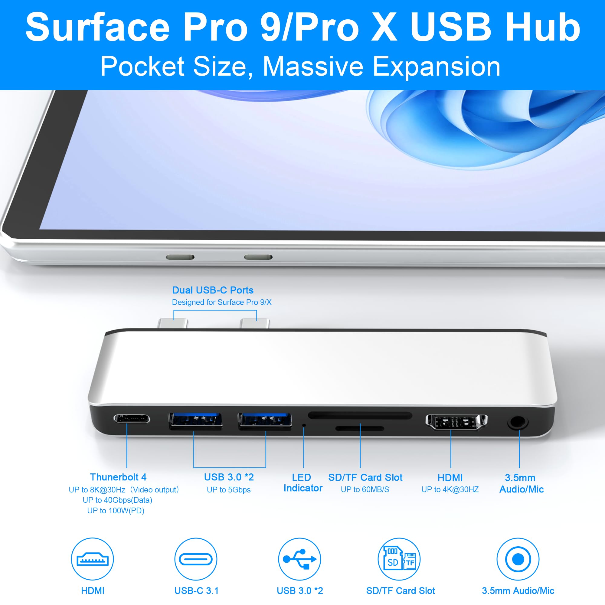 Surface Pro 11/10/9 Docking Station, Surface Pro 9 Accessories with 4K HDMI, USB C Thunerbolt 4(Display+Data+100W Power), 2 USB3.0, SD+TF, 3.5mm Audio, HDMI+USB C Triple Display Surface Pro 9/X Hub