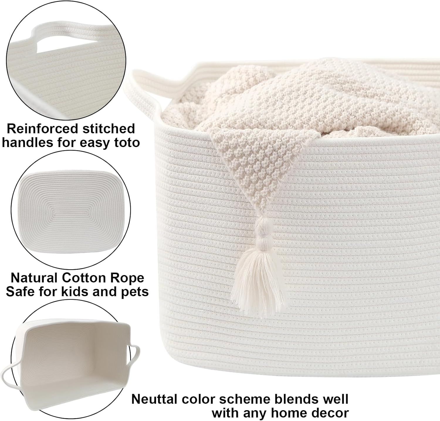 Large Blanket Basket,Woven Rope Basket Storage Bin with Handles,65L Rectangle Laundry Basket for Magazines,Toys,Clothes,Newspaper Shelf Organization,Nursery and Living Room,White