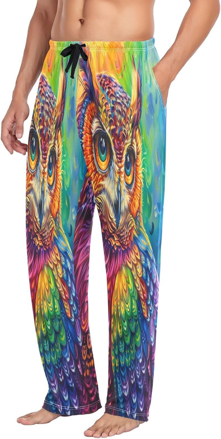 ALAZA Rainbow Owl Panting Men's Pajama Pants Men Cotton Pajama Bottoms with Pockets, S