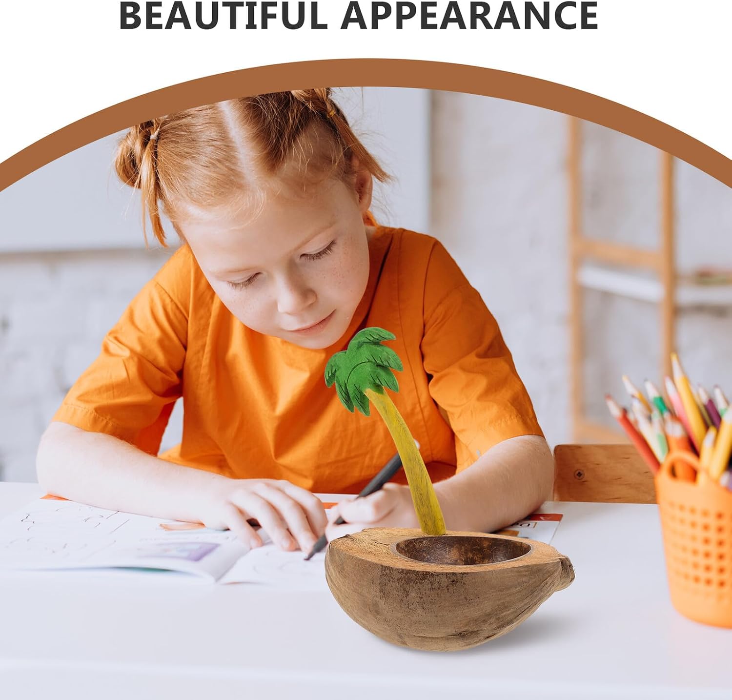 Coconut Shell Candle Holder Bowl Pen Desktop Organizer Natural Wood Carved Romantic Candle Holder for Wedding Table Centerpiece and Beach Party Decor