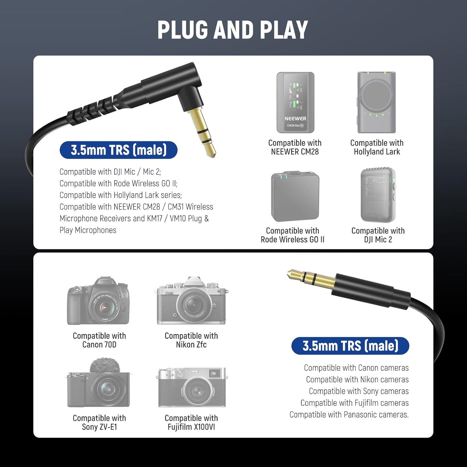 NEEWER CM31 Wireless Lavalier Microphone & 2 Pack Aux Cable Set, Noise Cancelling Mic Compatible with iPhone iPad Android PC Camera YouTube/TikTok Stream Podcast Interview