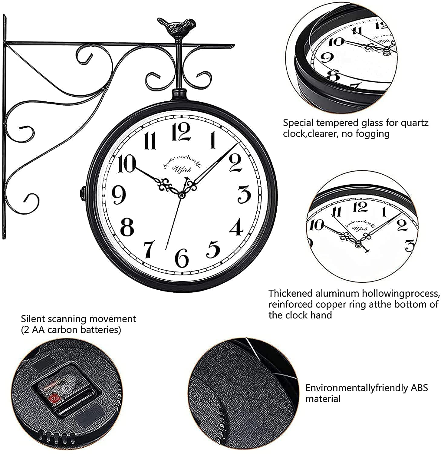 Reloj impermeable para exteriores, aspecto de termómetro antiguo, reloj colgante de doble cara para patio, garaje, estación de tren, uso en interiores y exteriores
