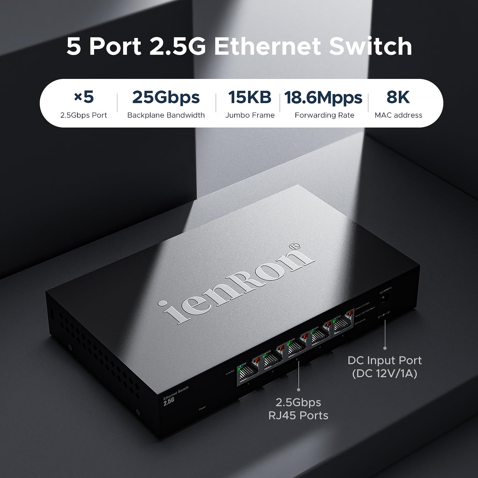 Switch Ethernet a 5 porte da 2,5 g, switch di rete multi-gigabit non gestito, switch da 2,5 GB per giochi, NAS, PC, laptop, Smart TV, Plug & Play, design senza ventole, splitter Ethernet (nero)