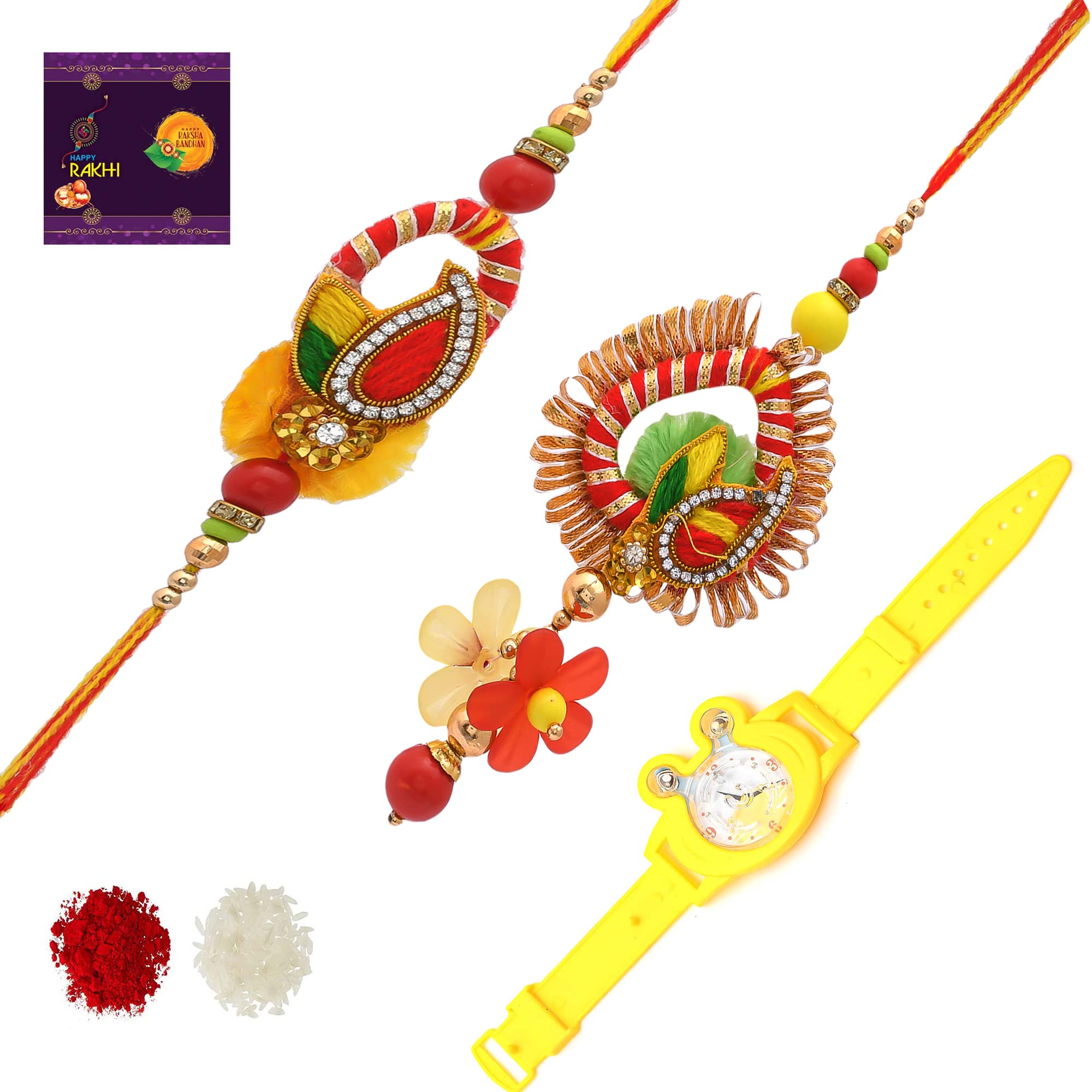 RA-Rock Beatiful Multicolor Designer Jardoji Pair Set With Yellow Playing Watch Kids Rakhi For Your Lovely Bhaiya Family For Rakshabandhan | Rakhi For Brother | Rakhi