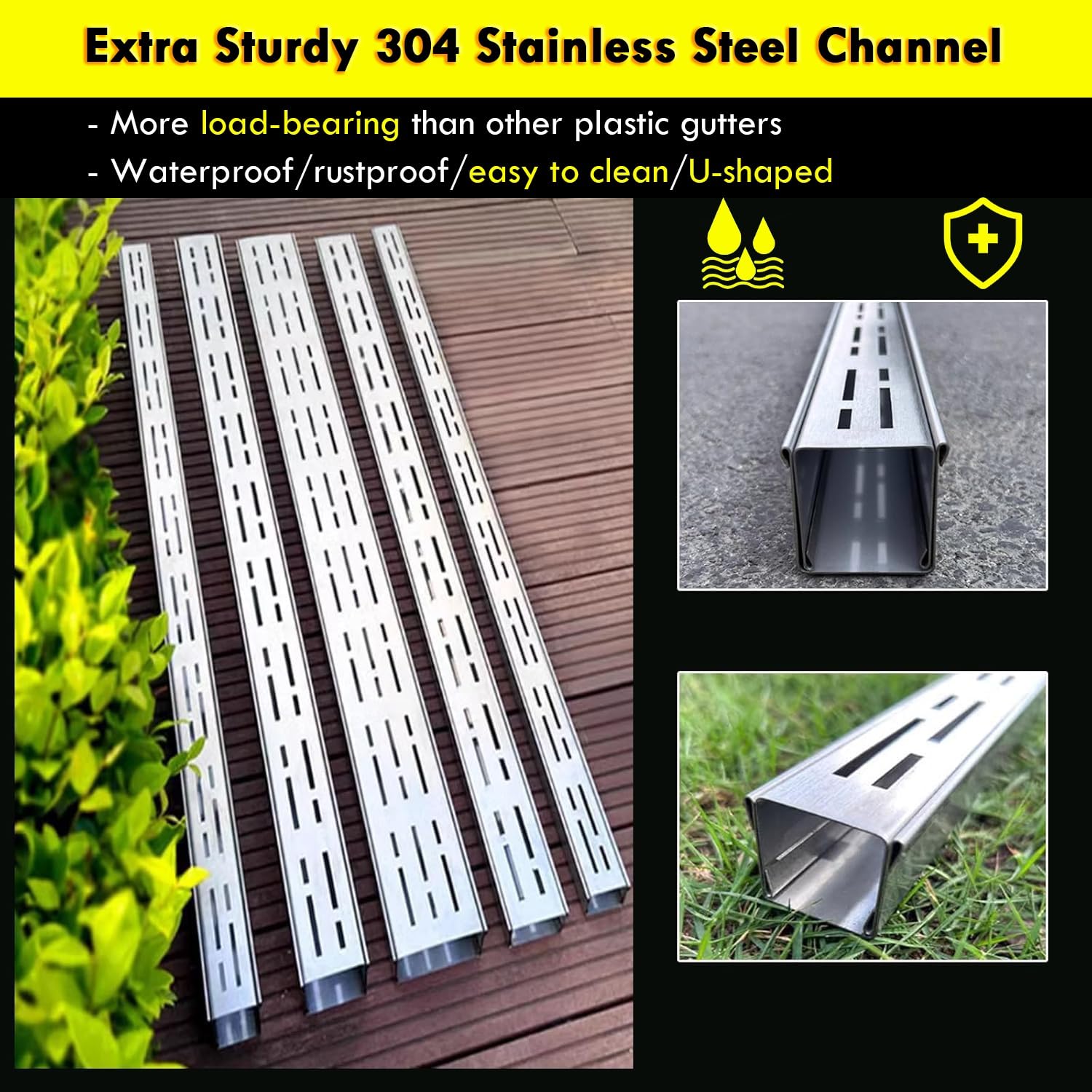 Sistema di drenaggio a basso profilo, 15 pezzi, 2 m, larghezza 35-150 mm, per acqua da giardino, cortile, grata e flusso efficiente