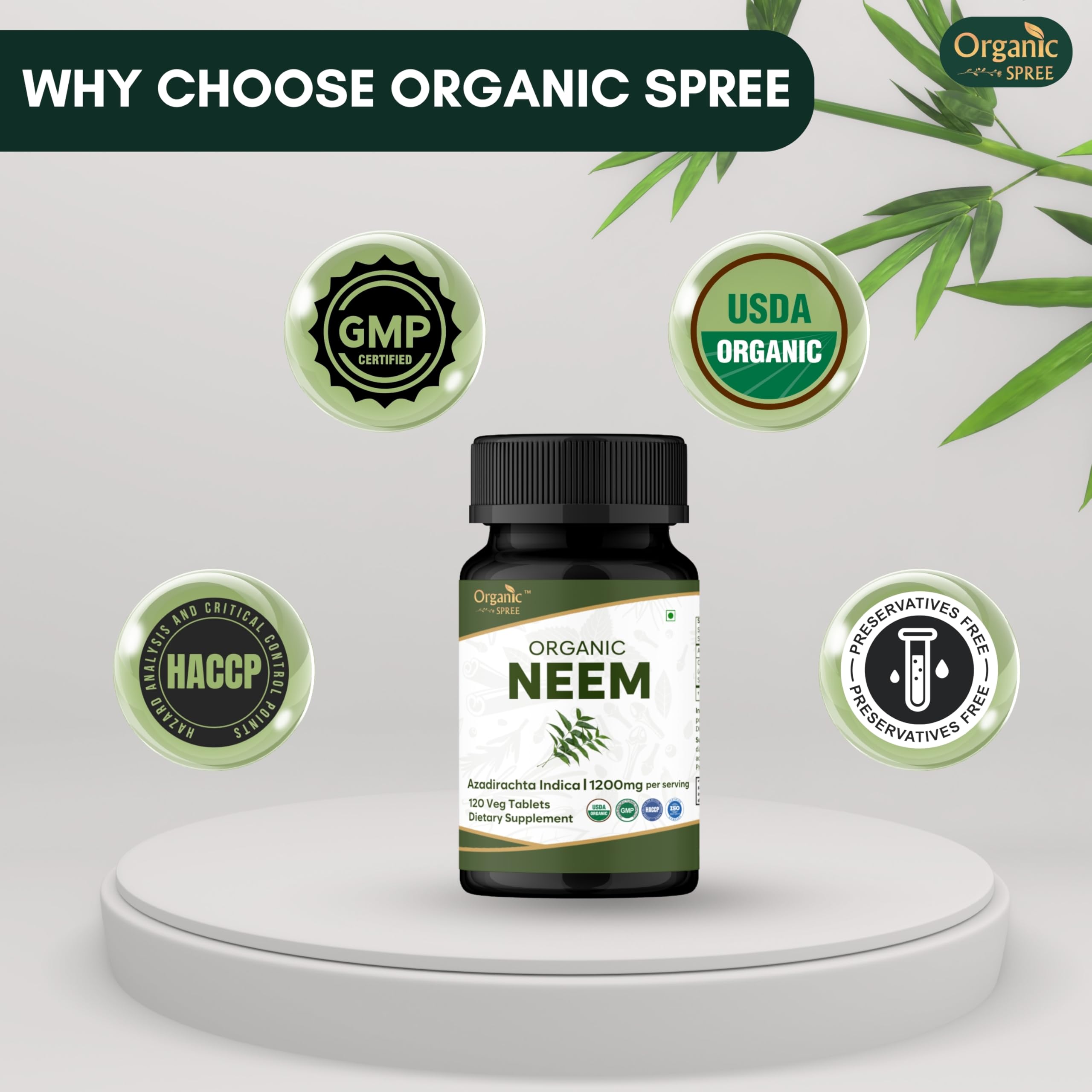 Organic Spree NEEM 120 Tablets (Azadirachta Indica) | Biologico e Naturale | Vegano e certificato USDA 120 compresse | 1200 mg per porzione (2)