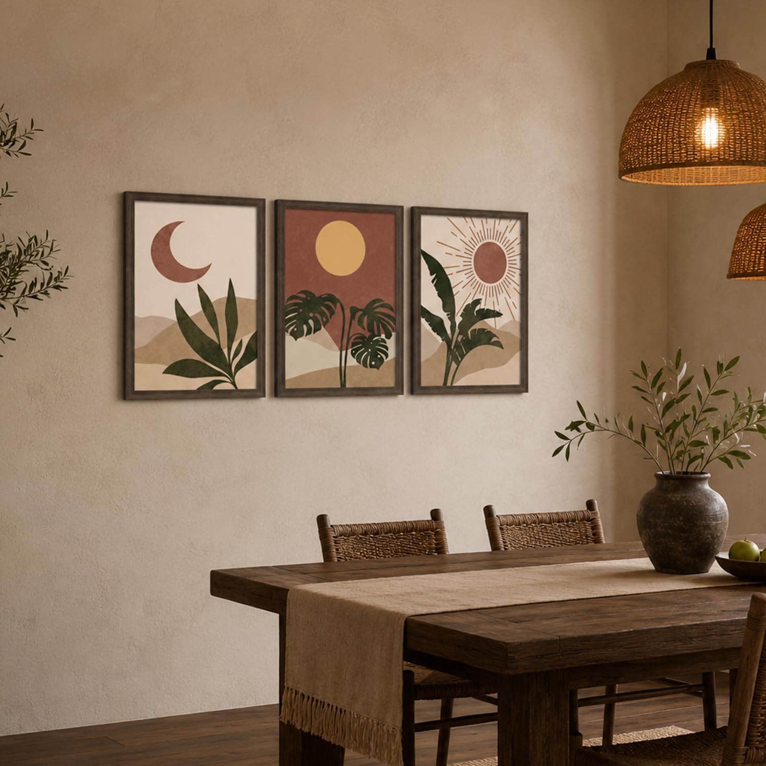 3Pcs Framed Boho Sun Moon Canvas Wall Art Vintage Abstract Desert Painting Picture Terracotta Celestial Moon Botanical Prints Poster Bedroom Office Decor 12x16 Inch Ready To Hang image 3