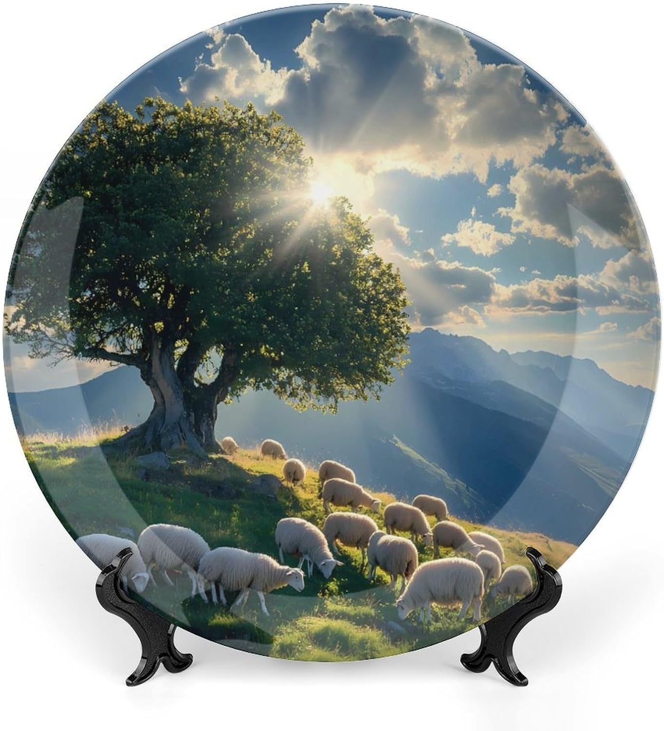Mountain Landscape Sheeps Christian Decorative Plate Tray Decor Trinket Dish Bone China Dinner Plates for Home Office Kitchen