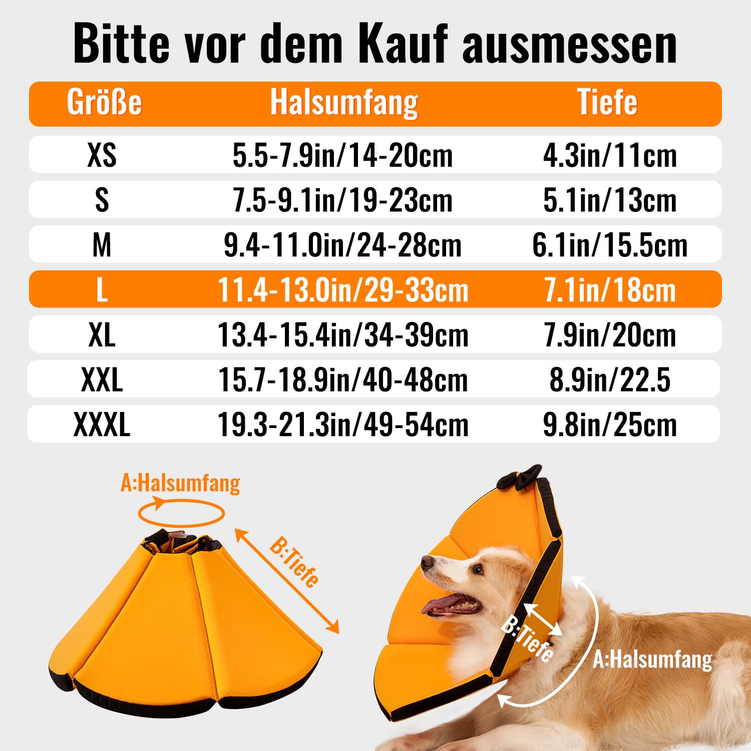 GGW Weiche Halskrause Hund verstellbar atmungsaktiv (Orange, L) | Bequemer Leckchutz-Schutzkragen für Hunde. Ideal für postoperative Pflege oder Hautjucken. Verstellbarer Halsumfang.