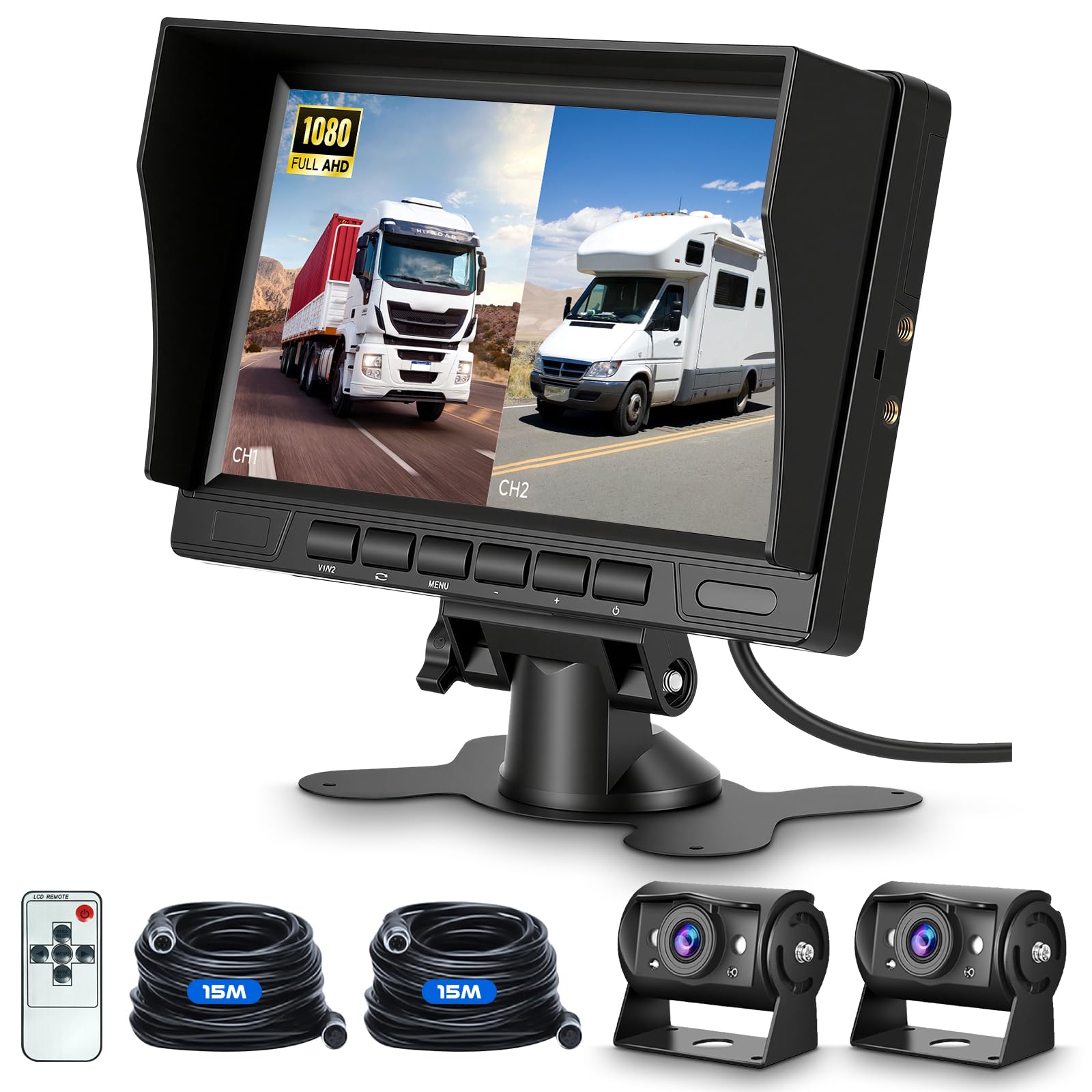 Hodozzy Double Caméra de Recul Kit avec IPS 1080P Moniteur 7 Pouces, IP69 Étanche Vision Nocturne Caméra Arrière, 2 Caméra Recul Filaire 12V-24V pour Voiture, Câble Aviation pour Camion+ Télécommande