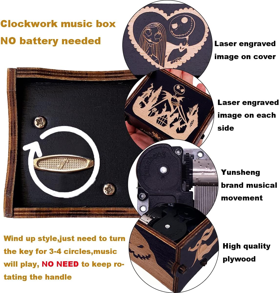 Youtang Music Box Halloween Christmas Painted Wind Up Musical Box Clockwork Laser Engraved Wood Musical Gifts for Fans (Image3-Windup)