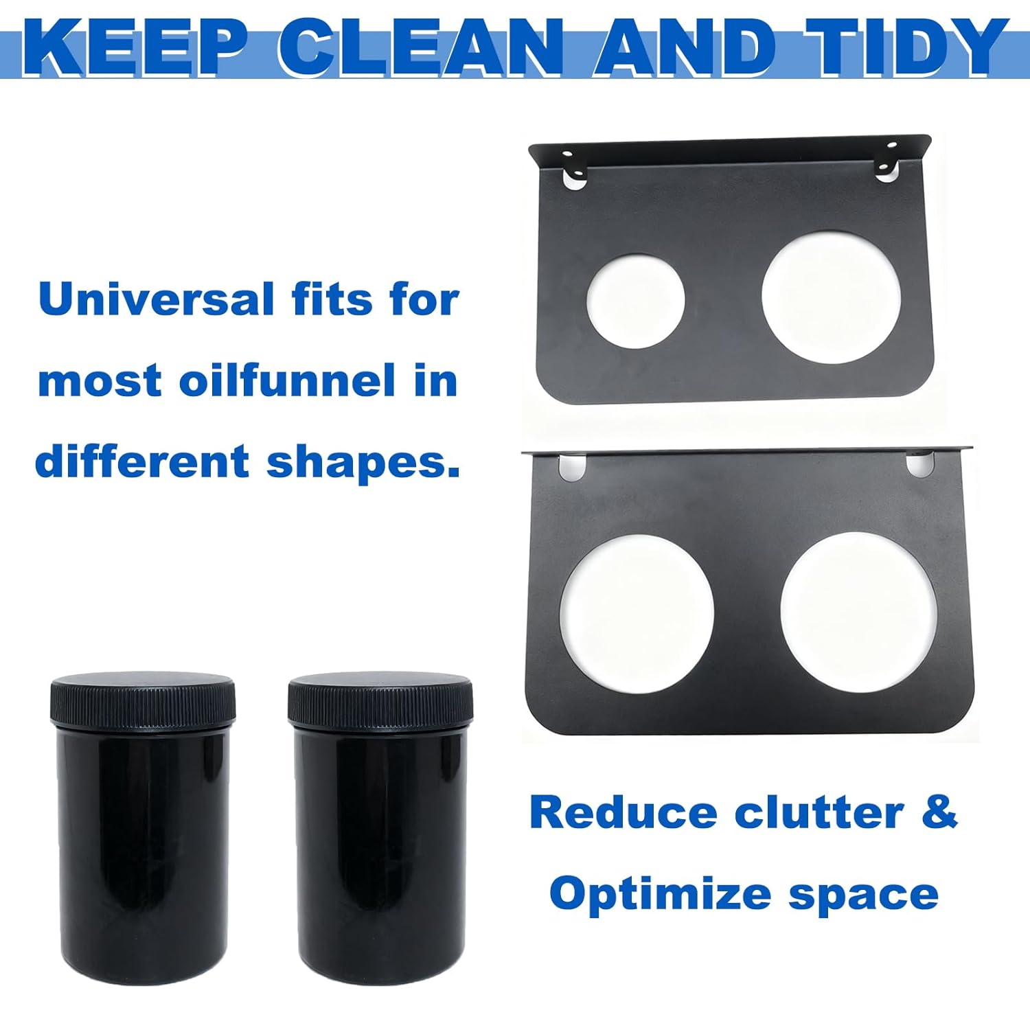 Oil Funnel Holder Storage Rack Kit - Wall Mount Organizer with 2 Plastic Removable Drip Cups, Dual Fluid Drain Funnel Bracket for Garage, Automotive Shop, Enclosed Race Trailers（Black）