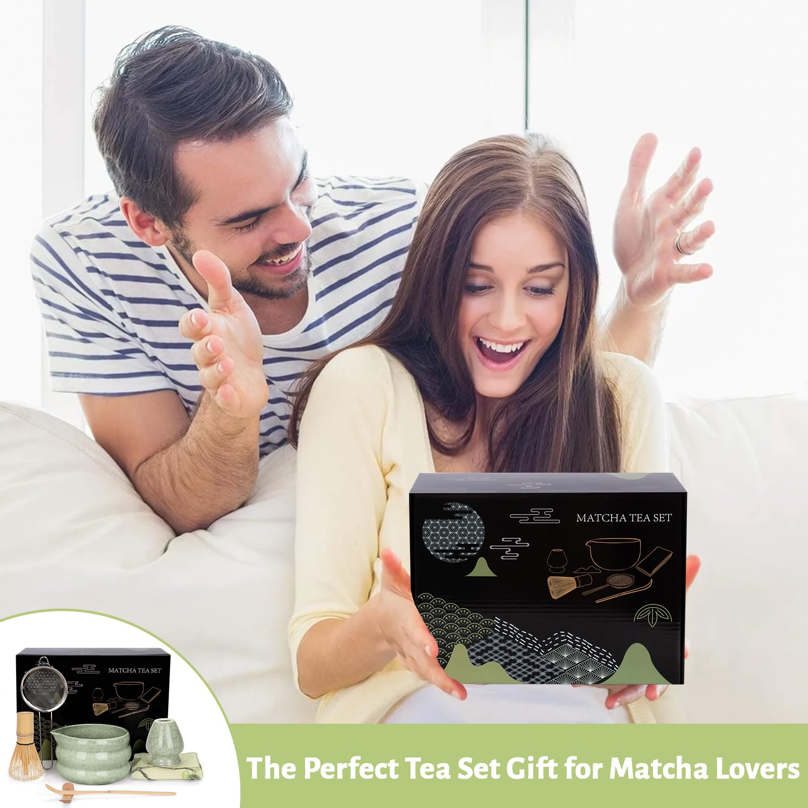 7-częściowy zestaw do herbaty matcha z miotełką i uchwytem na miotełkę, sitko do matcha, miseczka do matcha z wylewkiem, łyżeczka do matcha i uchwyt na łyżeczkę, ręczniki kuchenne. Zestaw do