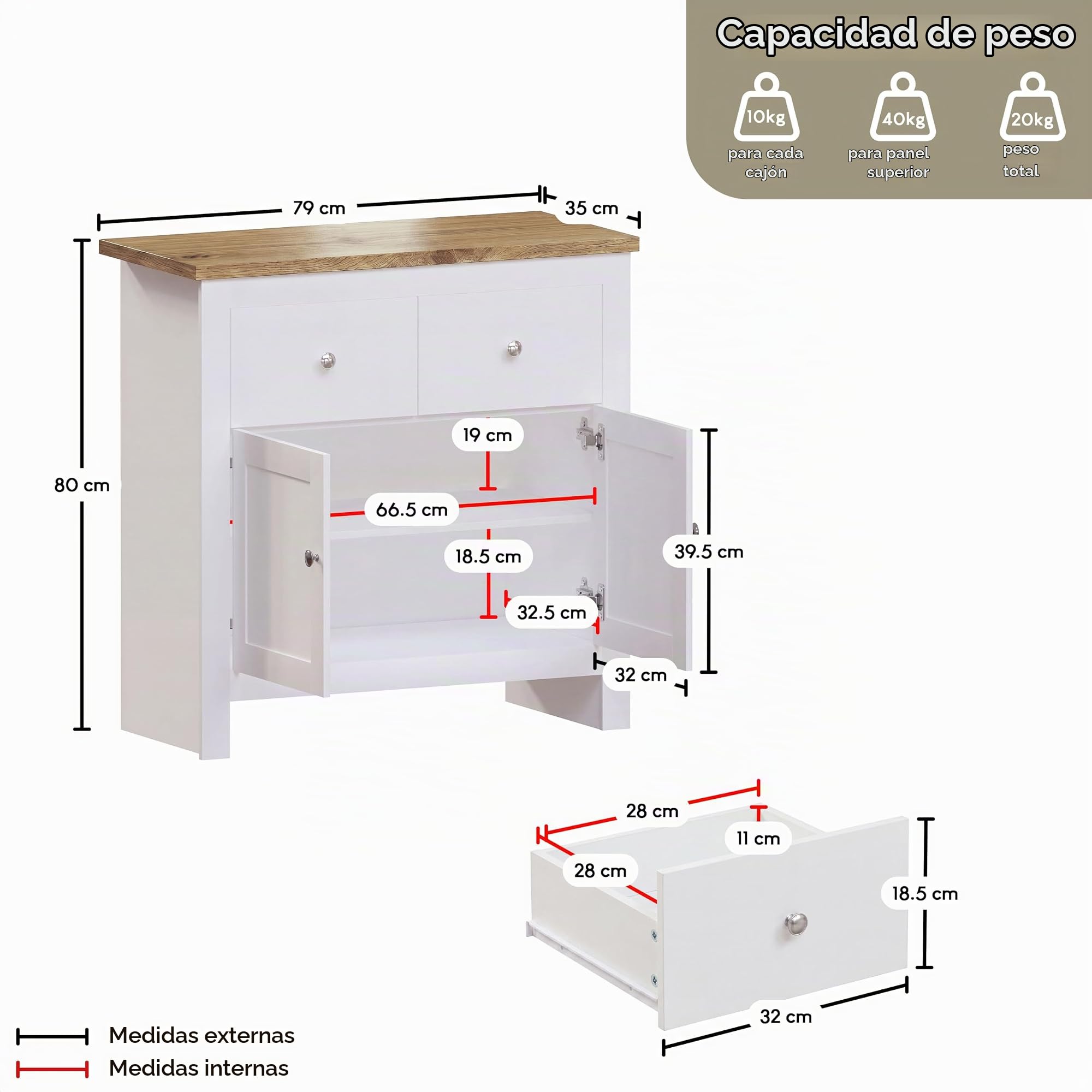Marca Amazon - Vida Designs Aparador Arlington con 2 cajones y 2 Puertas, Madera de ingeniería, Blanco y Roble, H 80 x W 79 x D 35 Cm