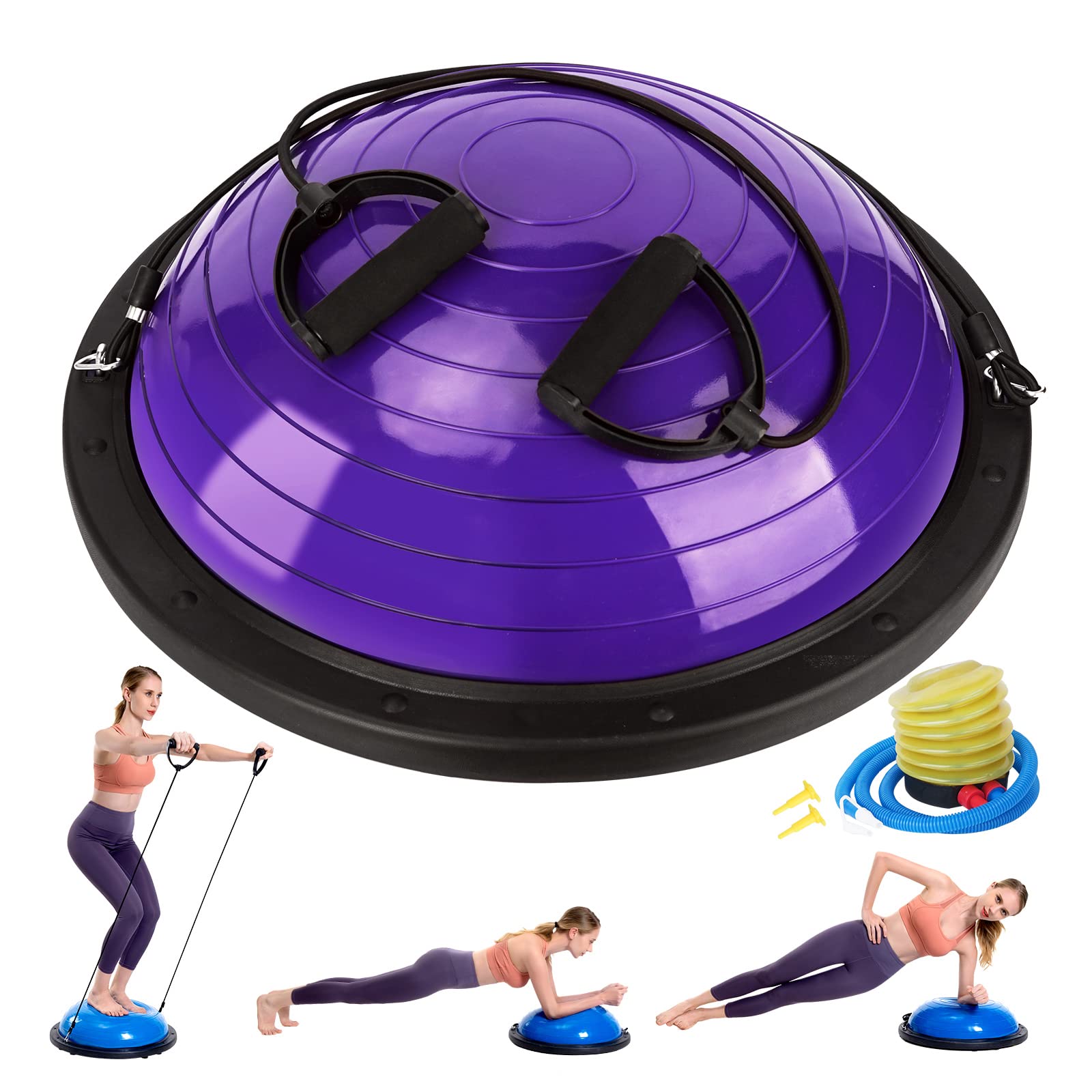 zealty half balance ball trainer, half yoga exercise ball with resistance bands and foot pump, balance trainer for stability training, strength exercise fitness, home gym workout equipment