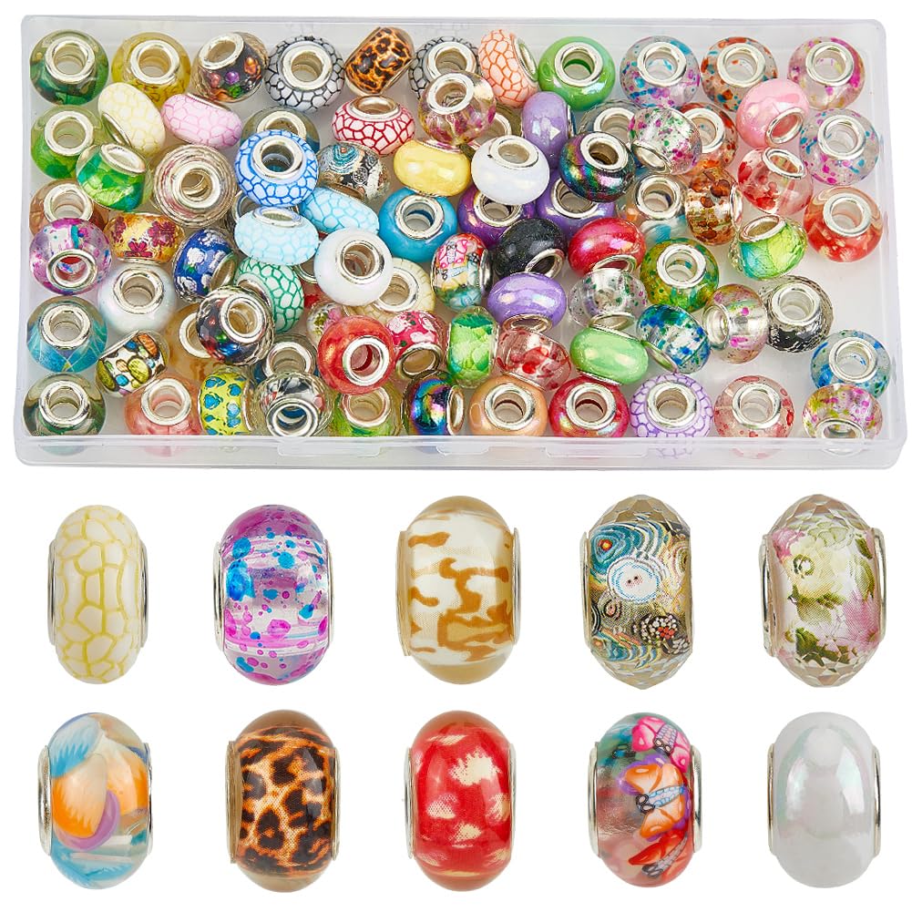 SOFPLATE 1 Box 120Pcs European Christmas Beads Large Hole Resin Spacer Beads Colorful Assorted Lampwork Silver Brass Double Cores Spacers for Beading Jewellery Making Necklace Bracelet Pens Craft