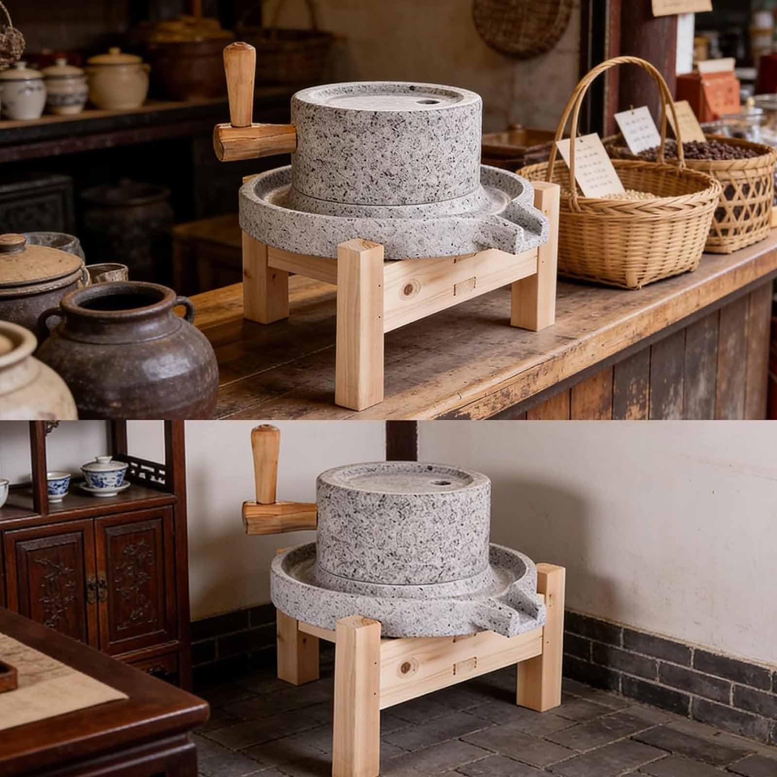 Macinino manuale a manovella in pietra naturale, con supporto in legno, base antiscivolo, per spezie, caffè, cereali, erbe, conserva i nutrienti