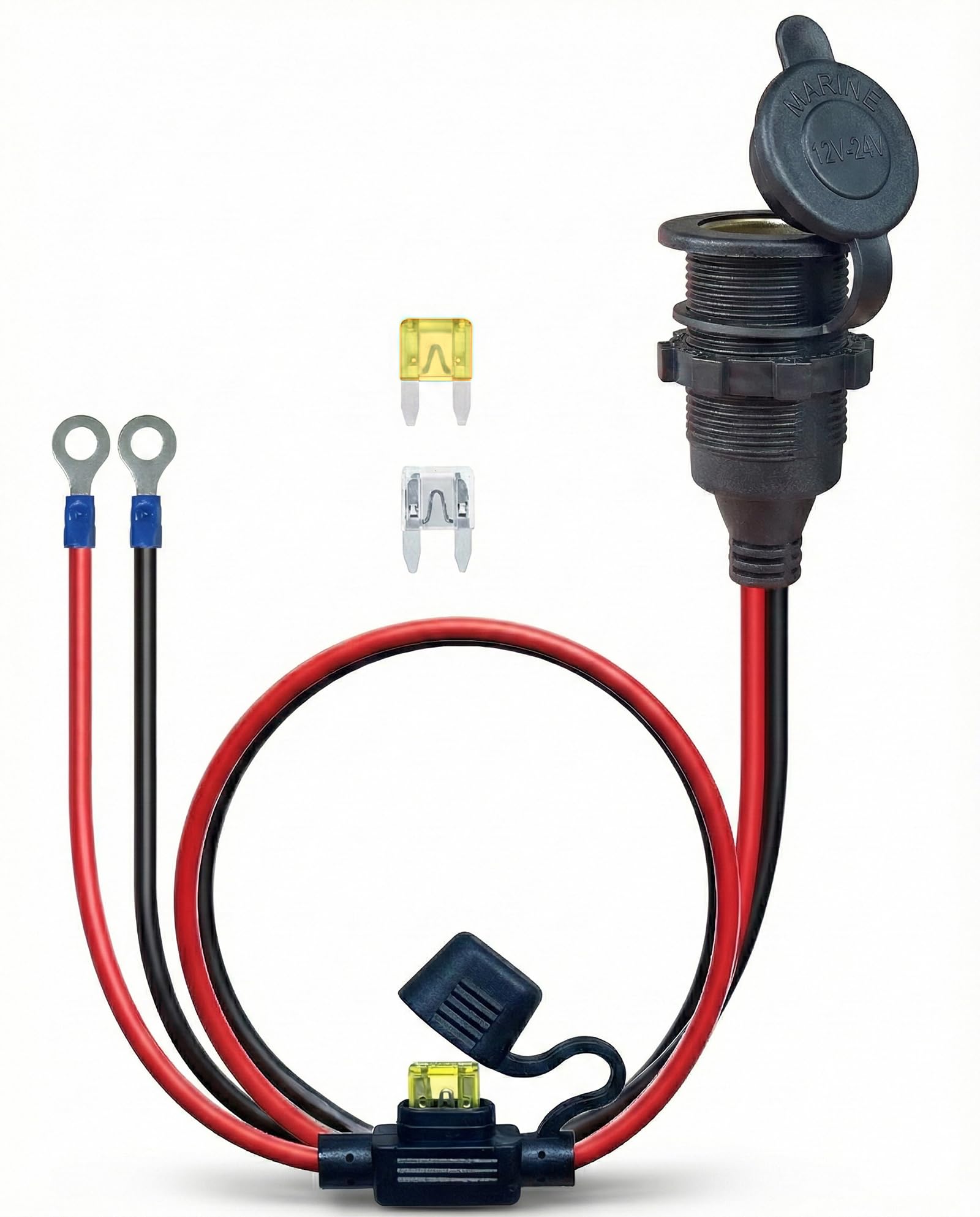 3FT 12V Fixed Thread Cigarette Lighter Socket Extension Cable, 12V Waterproof Outlet Socket Replacement 13AWG Heavy Duty Cable