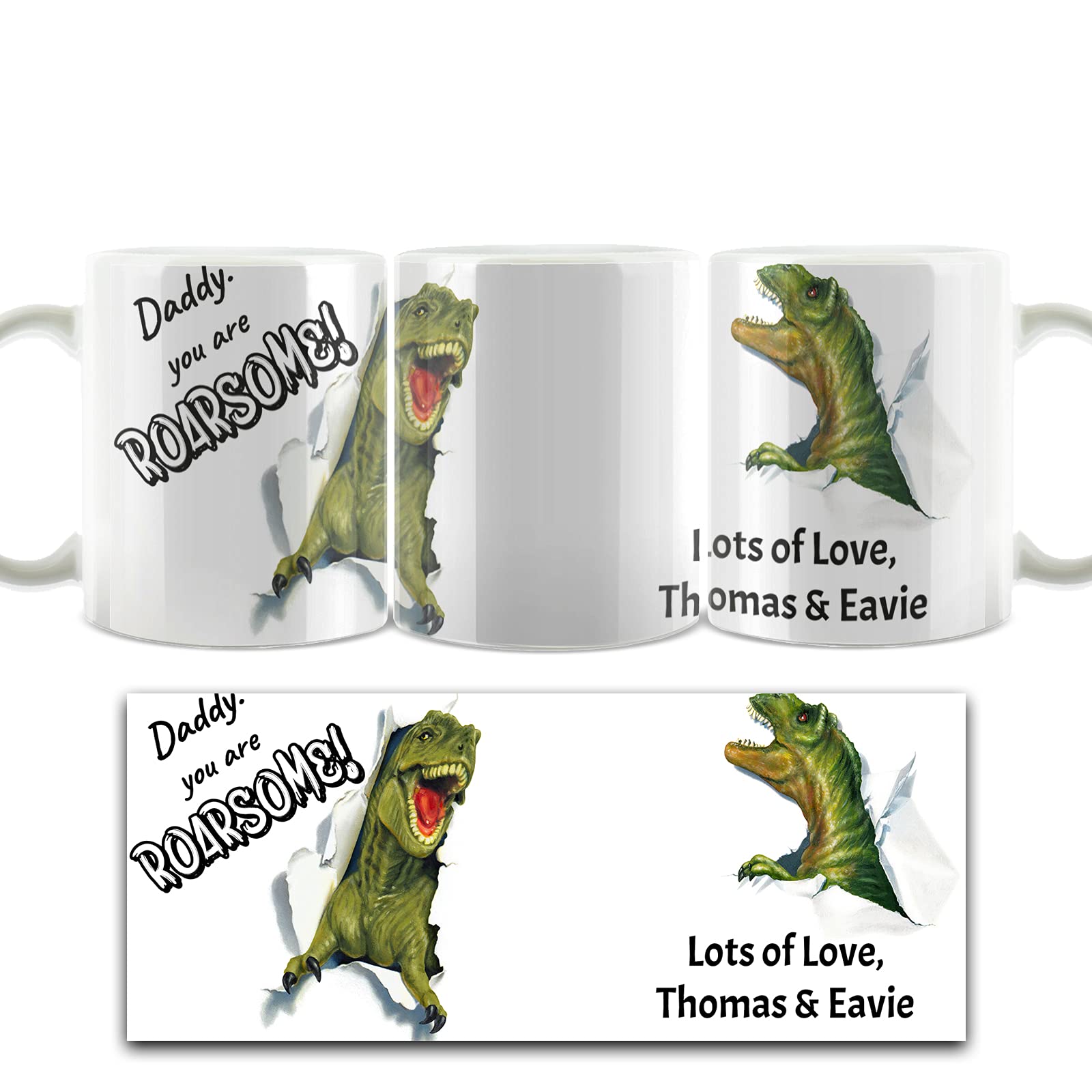 Hairyworm Personalised Mug and Dairy Milk Chocolate Easter Egg Gift Set, Custom Father's Day Gift, (11oz) White Mug Customised with Text and 'Daddy You are Roarsome!' Dinosaur Design โ image 1