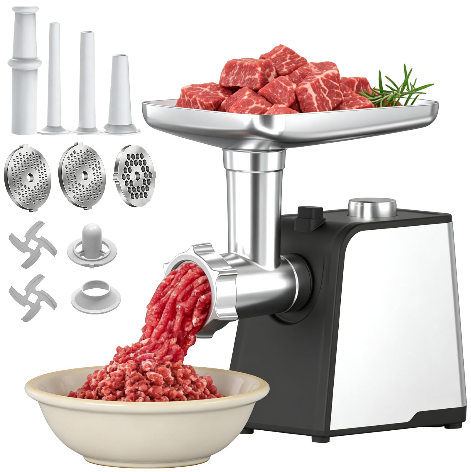 Picadora de Carne Eléctrica 3 en 1 con Embutidora de Salchichas | Picadora de Carne 3200W de Acero Inoxidable, Máquina de Salchichas con 3 Tubos de Relleno, 3 Placas de Corte, 2 Cuchillas