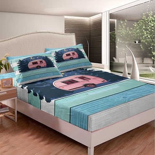 Vista 24 de Camper Decor Sábanas de cama Happy Camping, sábana bajera ajustable de campamento con juego de cama de montaña, juego de cama de verano para Multi 04