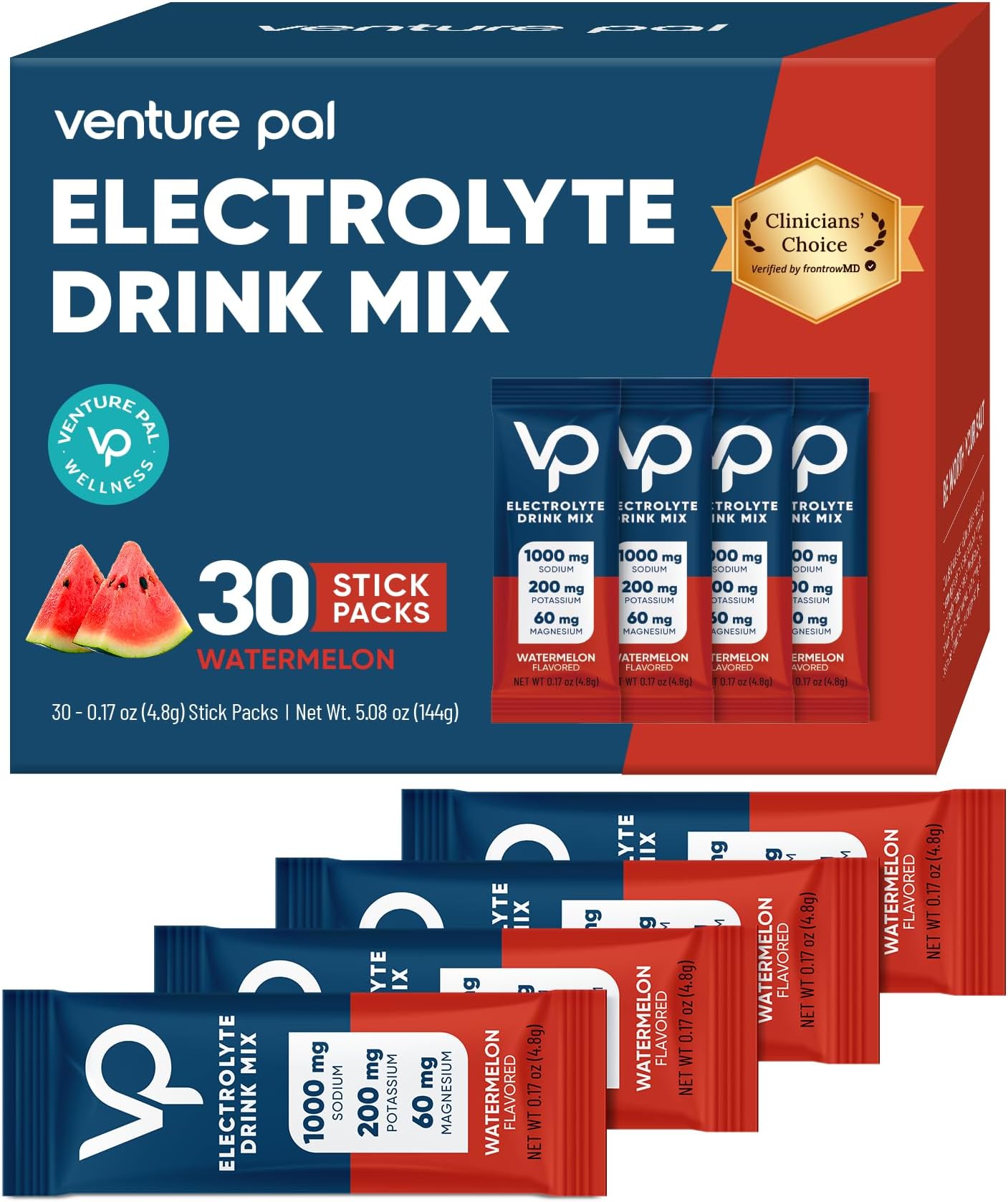 Venture Pal High Sodium Sugar Free Electrolytes Powder Packet, 30 Sticks | Hydration Packets with Vitamin, Sodium & Potassium, Zero Calories, Vegan, Keto & Paleo Friendly Electrolyte Drink Mix