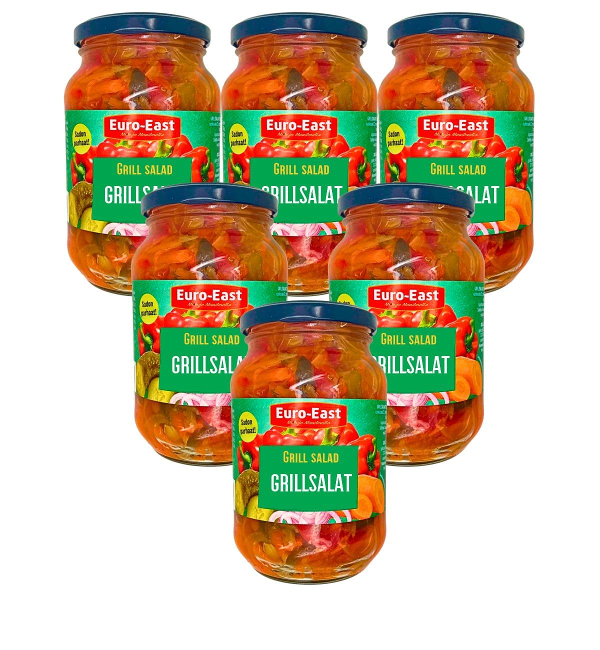 Euro-East Grillsalat 6er Pack im Glas x 460g | vegan, glutenfrei | Gewürzgurkensalat mit Karotten, Paprika und Zwiebeln