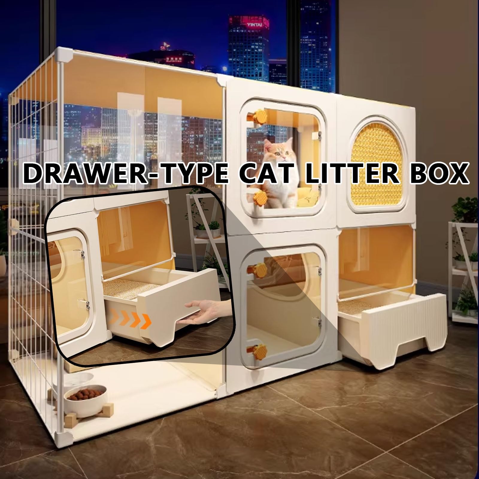 Gabbia per gatti da interno con lettiera, area intrattenimento multizona, ventilazione su entrambi i lati, adatta per 1-2 gatti